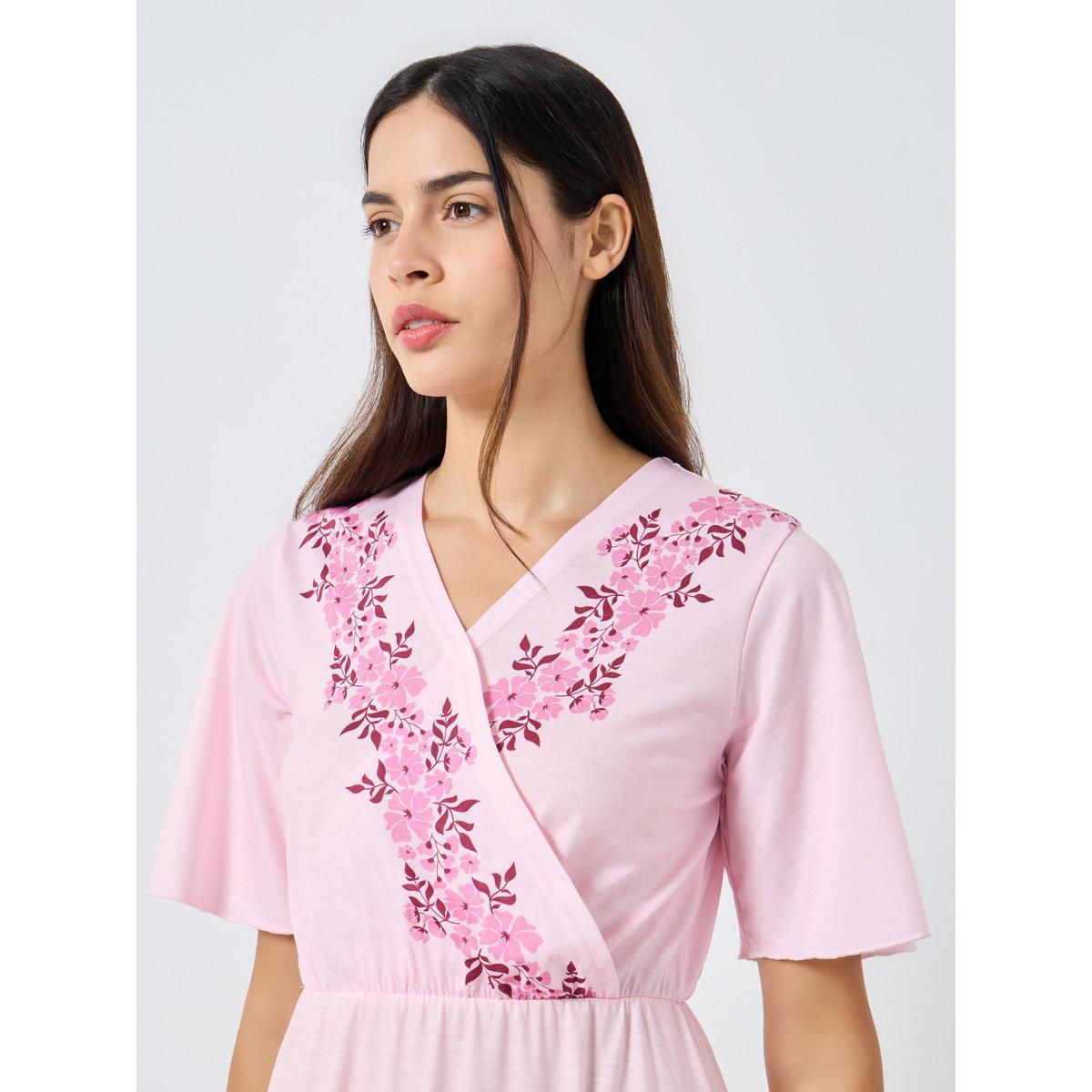 Styli Pink Floral Print Wrap Nightdress-women-clothing-nightwear-nighties-image-3