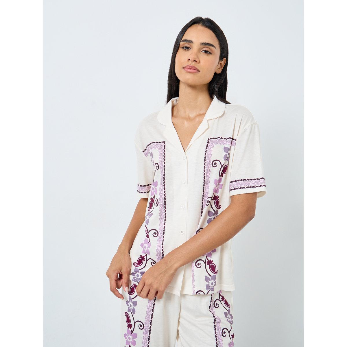 Styli Placement Floral Print Button Through Shirt and Pyjama Set-women-clothing-nightwear-pyjamas-longsets-image-2