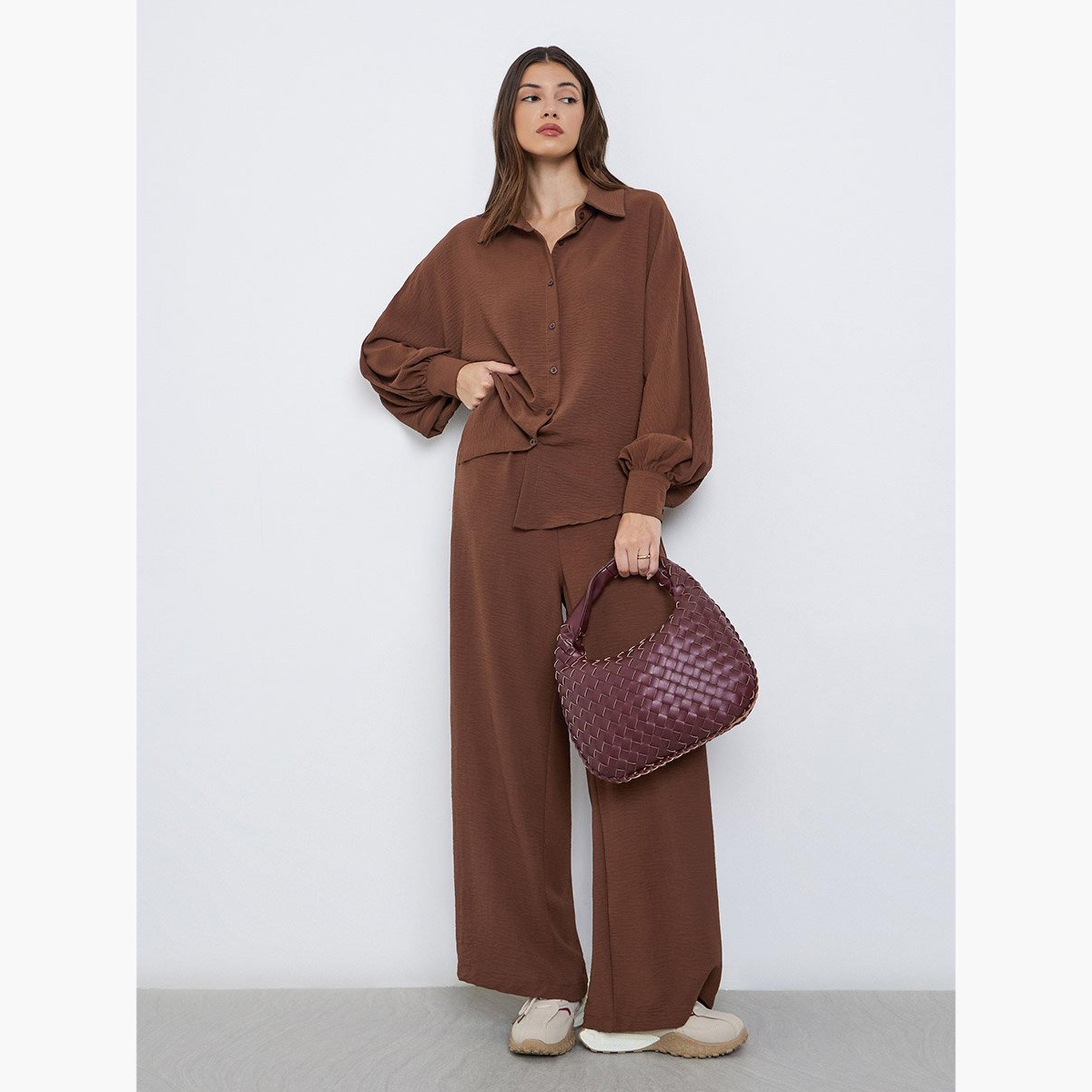 Styli Women Brown Longline Shirt and Pants Co-Ords-women-clothing-coordsets-image-1