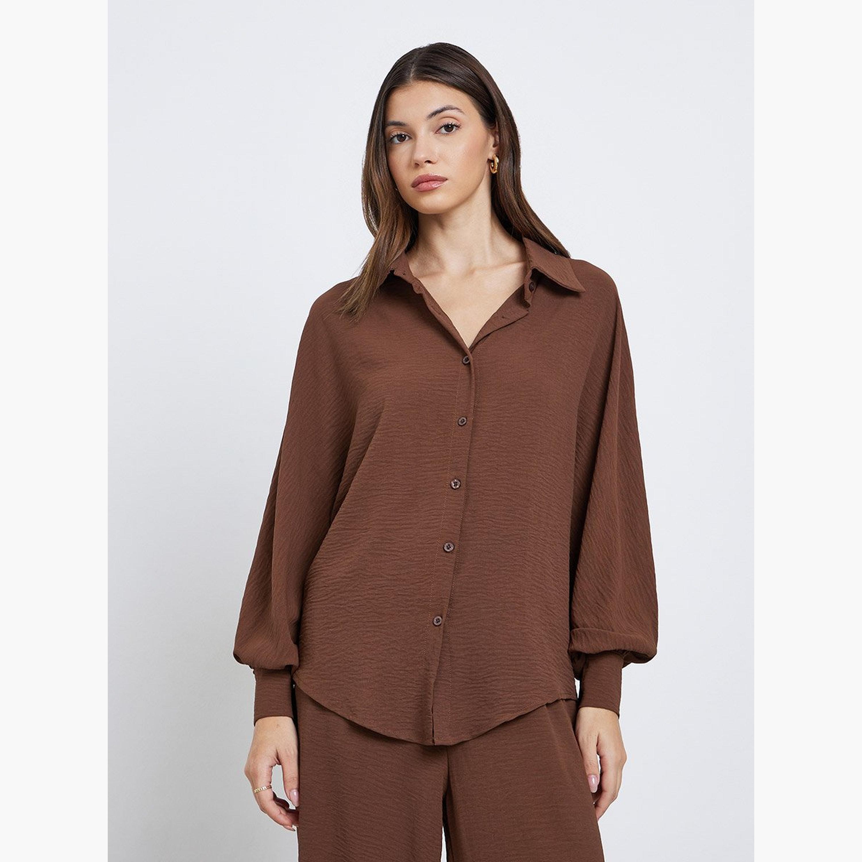 ستايلي - طقم للنساء من قميص وبنطال طويل لون بني-women-clothing-coordsets-image-2