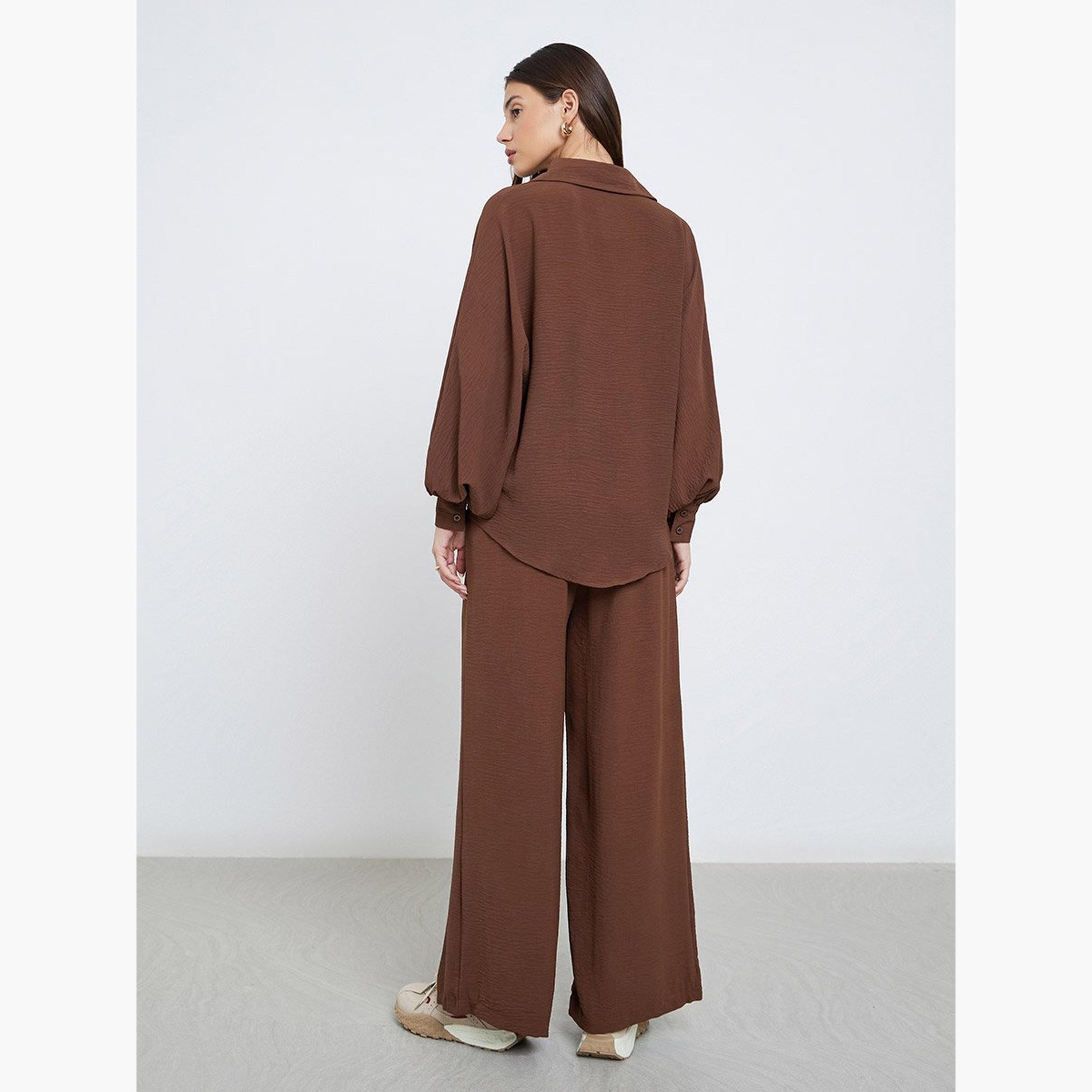 Styli Women Brown Longline Shirt and Pants Co-Ords-women-clothing-coordsets-image-4
