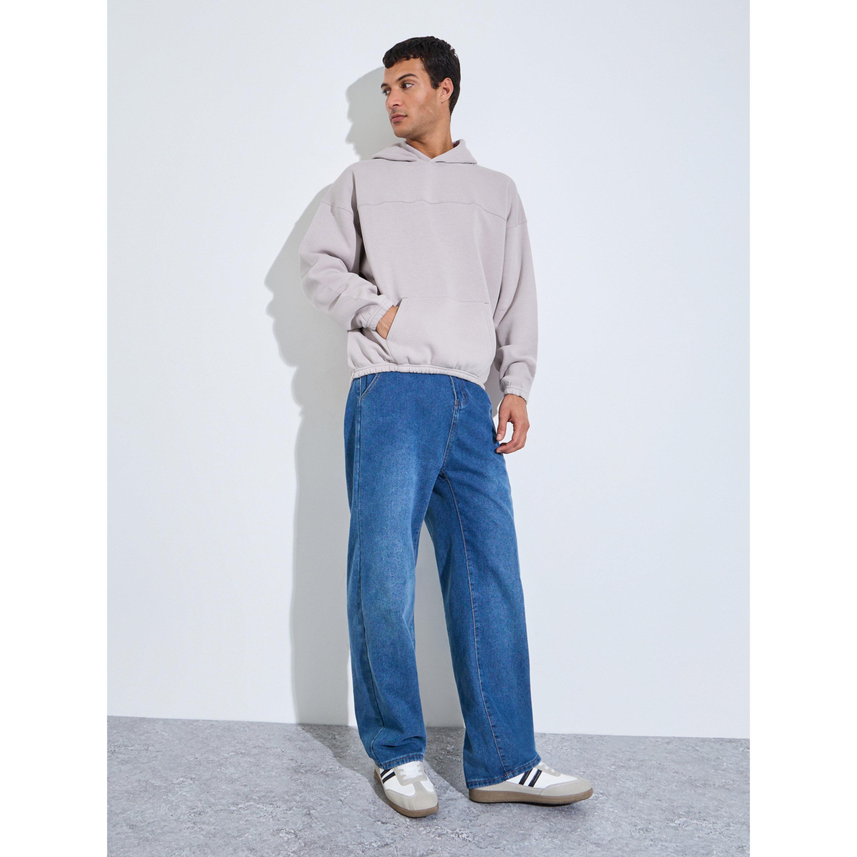 Styli Men Grey Oversized Fleece Hoodie with Kangaroo Pocket-men-winterwear-hoodiesandsweatshirts-image-2