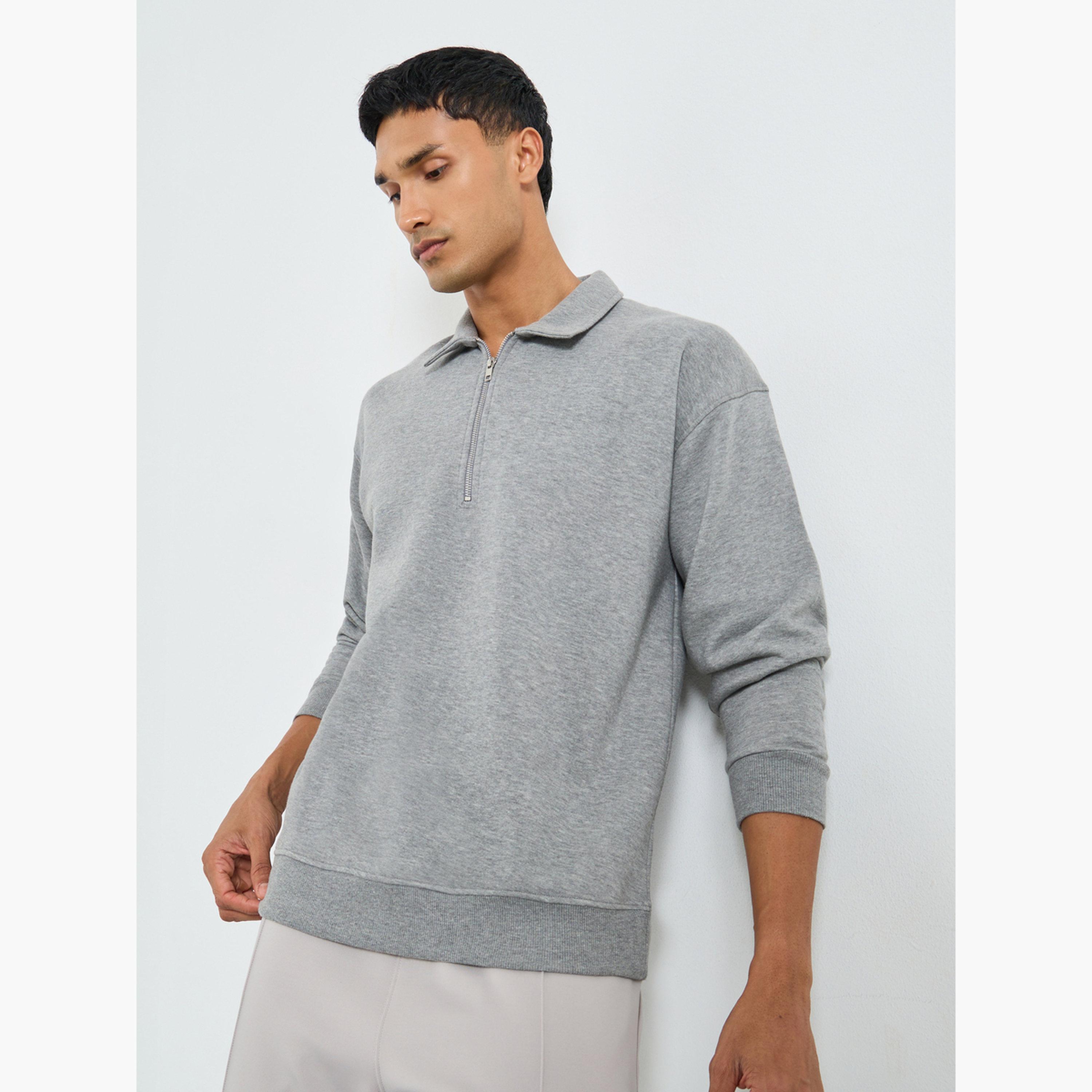 Styli Men Grey Zip-Neck Fleece Sweatshirt-men-winterwear-hoodiesandsweatshirts-image-1