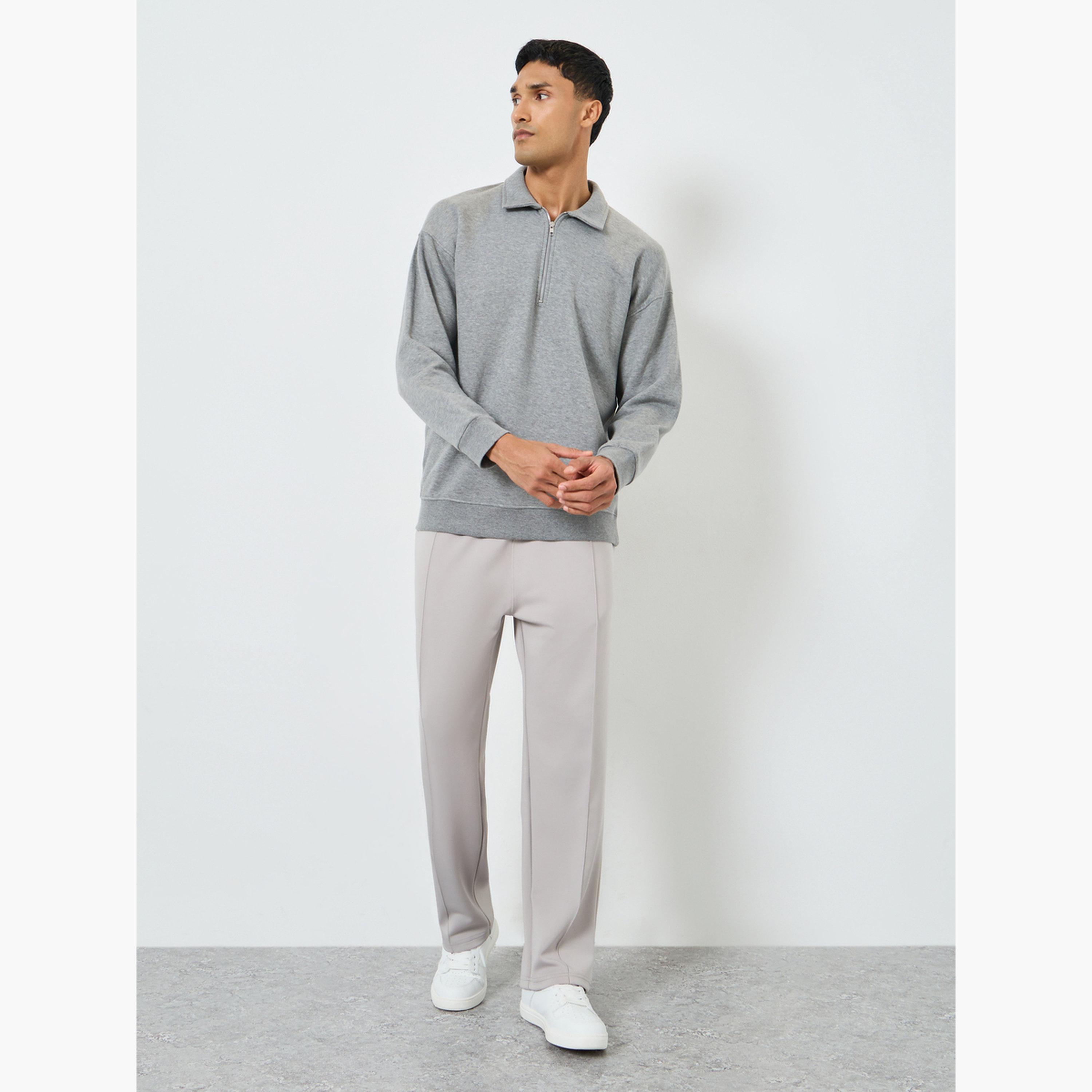 Styli Men Grey Zip-Neck Fleece Sweatshirt-men-winterwear-hoodiesandsweatshirts-image-2