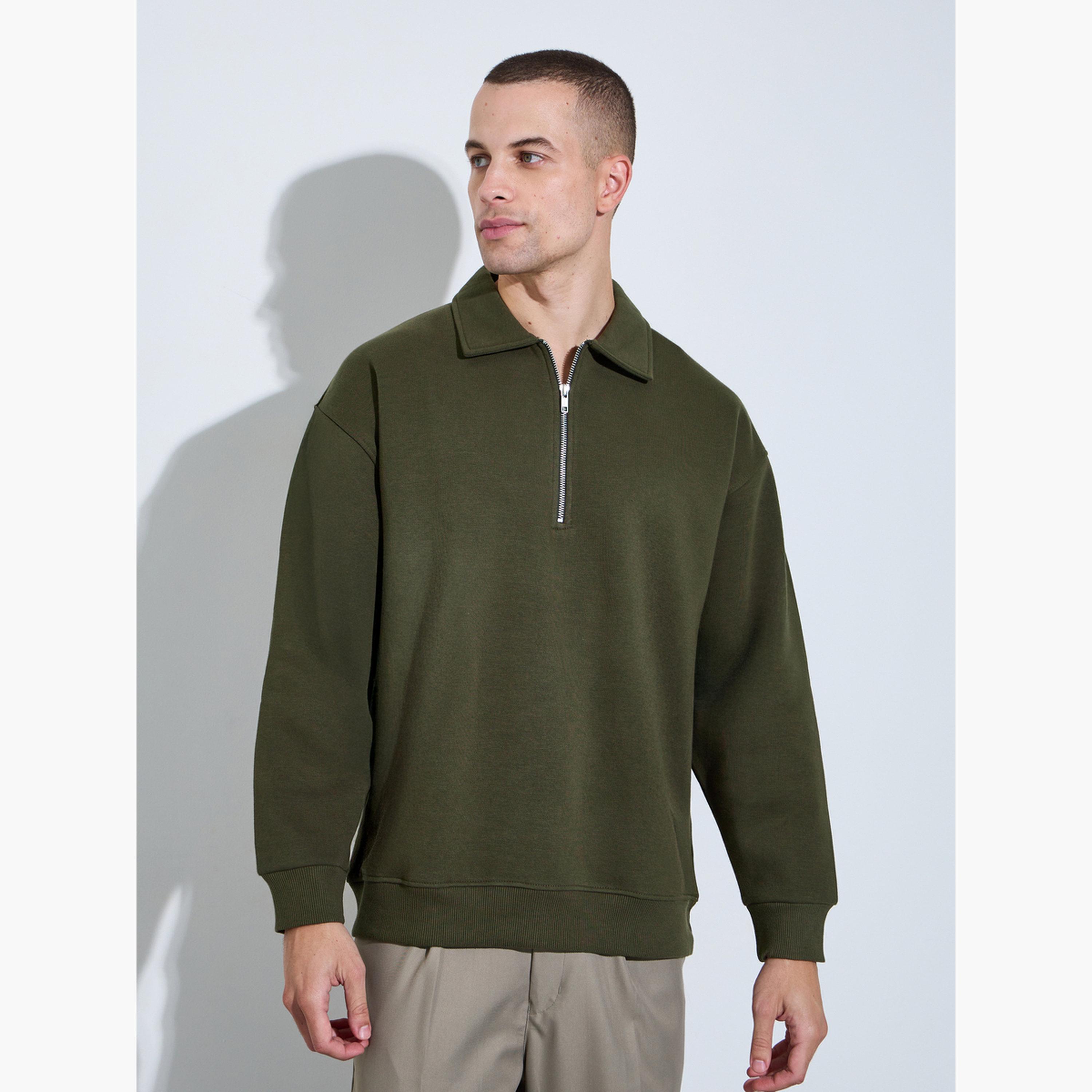 Styli Men Olive Solid Zip-Up Sweatshirt-men-winterwear-hoodiesandsweatshirts-image-1