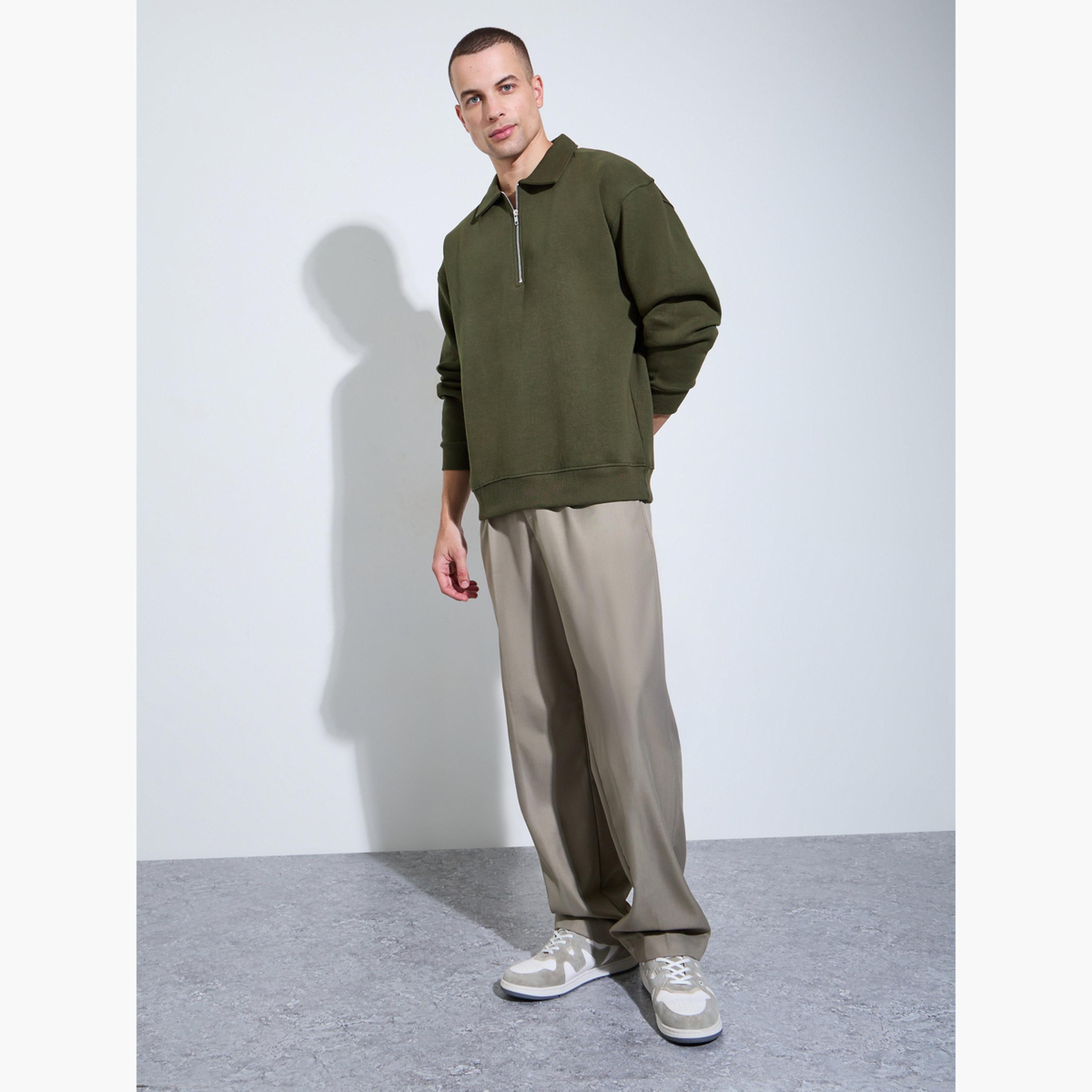 Styli Men Olive Solid Zip-Up Sweatshirt-men-winterwear-hoodiesandsweatshirts-image-2
