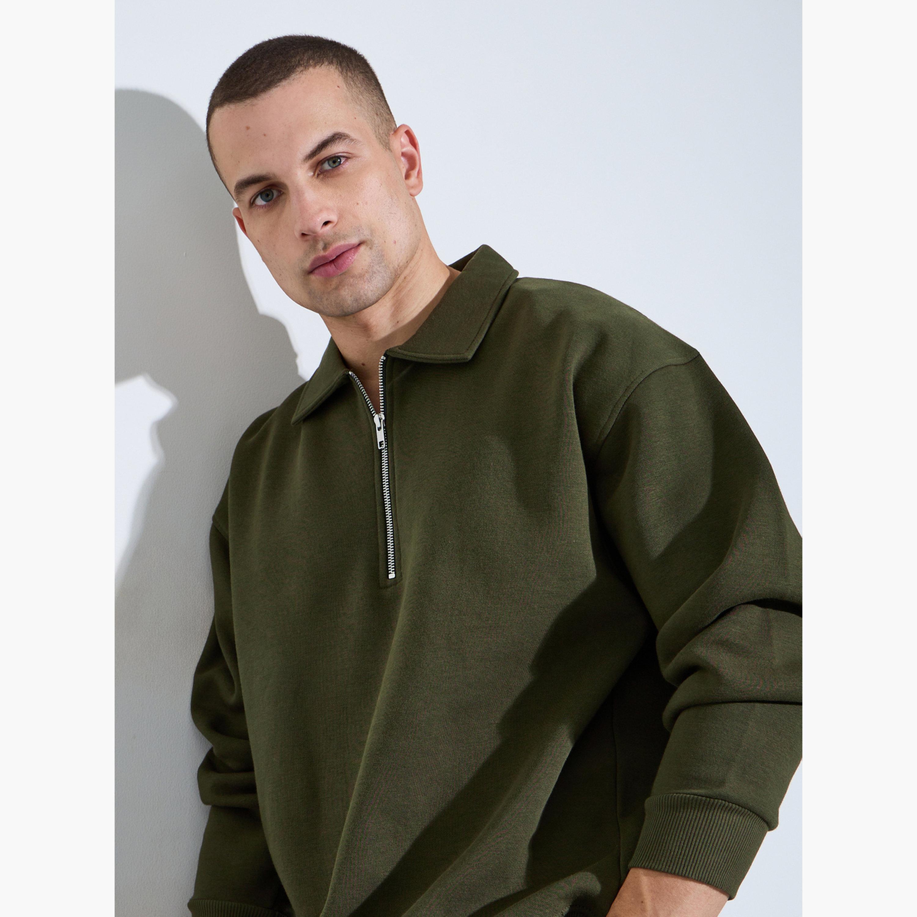 Styli Men Olive Solid Zip-Up Sweatshirt-men-winterwear-hoodiesandsweatshirts-image-4