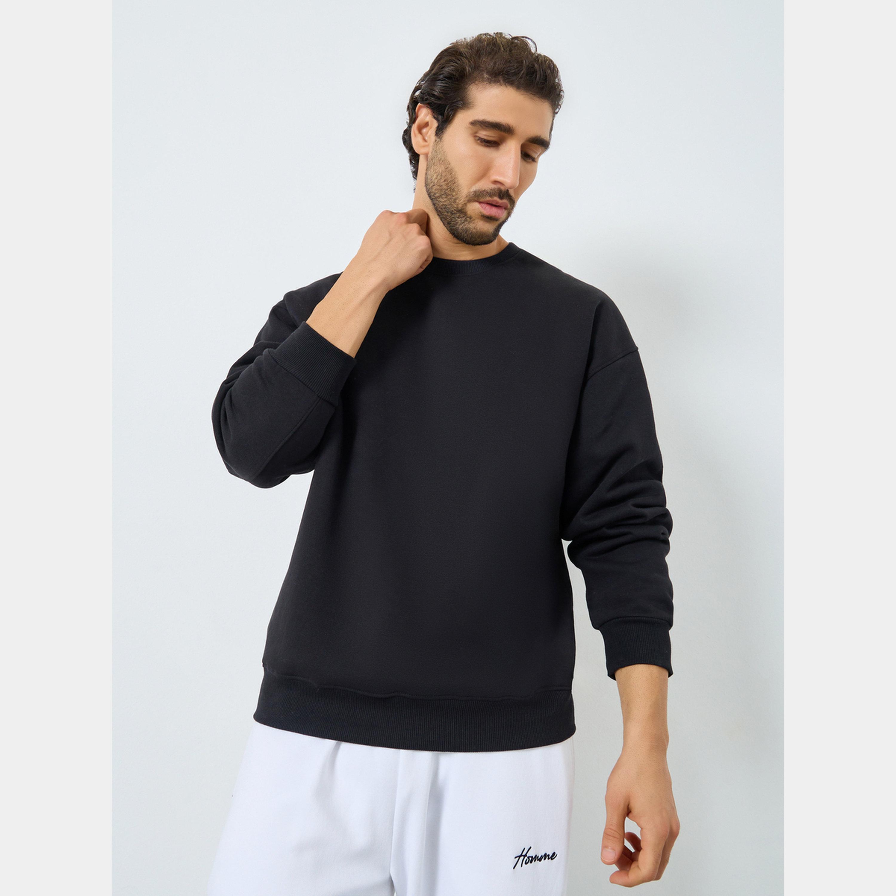 Styli Black Slogan Print Fleece Sweatshirt-men-winterwear-hoodiesandsweatshirts-image-1