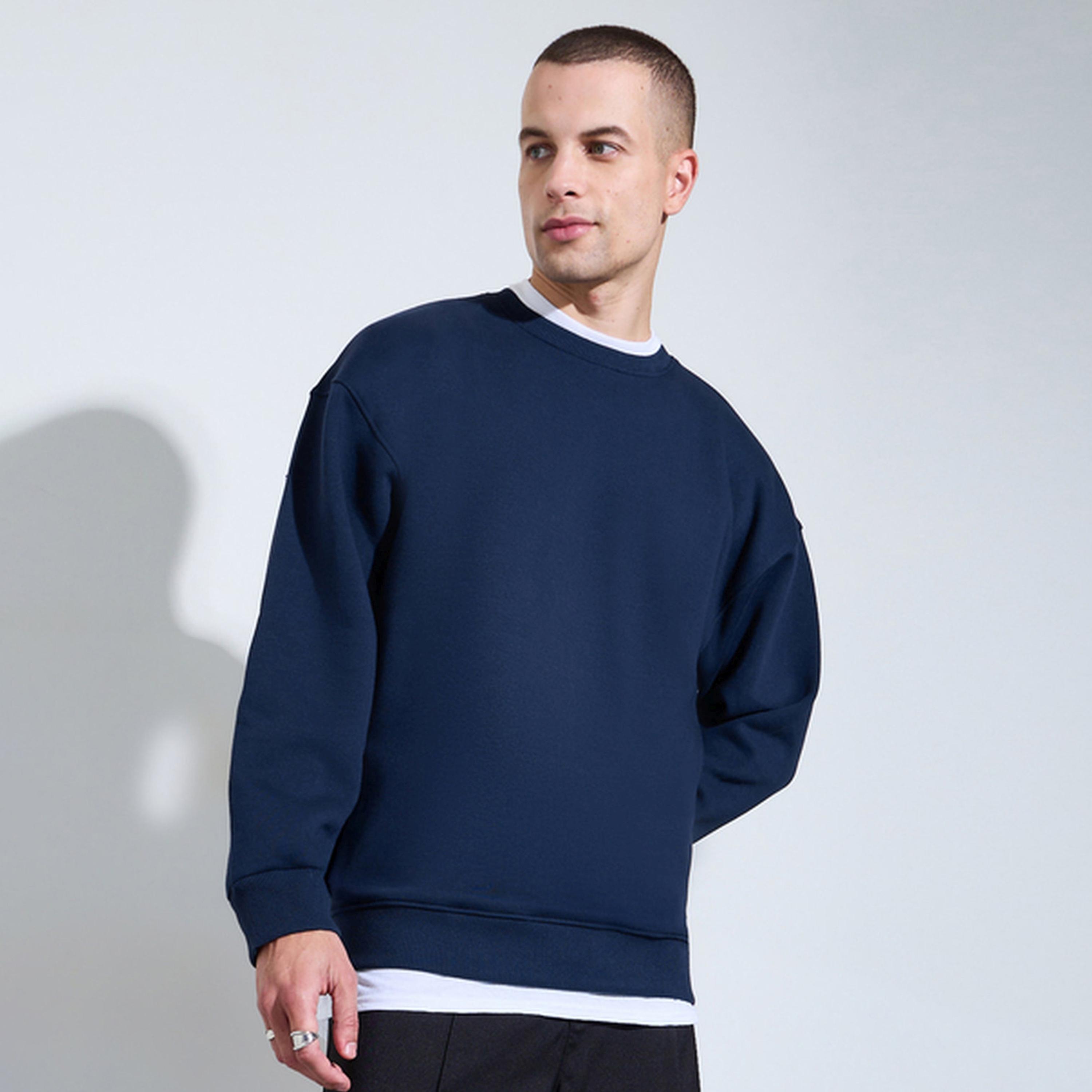 Styli Navy Blue Slogan Print Fleece Sweatshirt-men-winterwear-hoodiesandsweatshirts-image-1