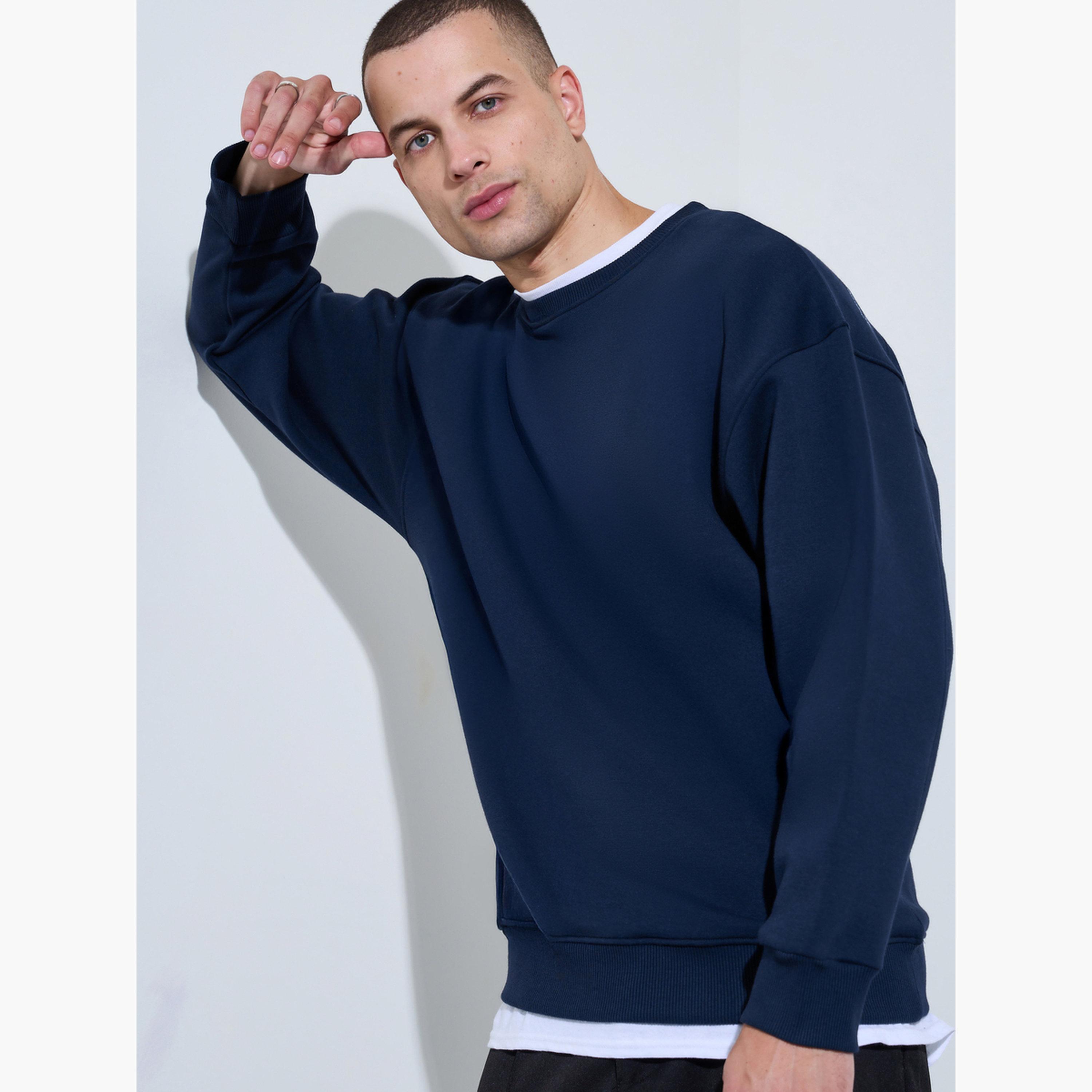 Styli Navy Blue Slogan Print Fleece Sweatshirt-men-winterwear-hoodiesandsweatshirts-image-3