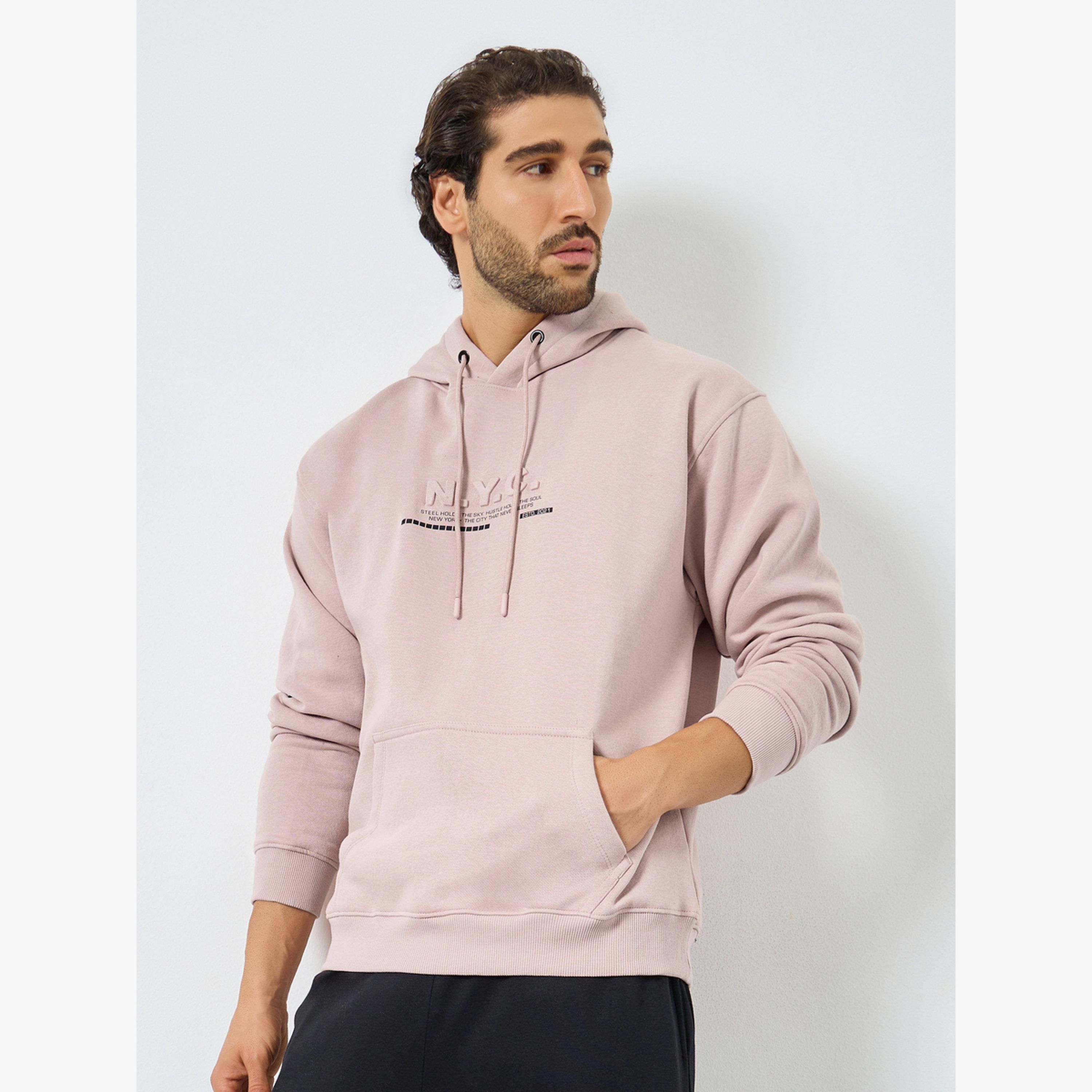 Styli Men Pink Relaxed Fit Slogan Embossed Hoodie-men-clothing-hoodiesandsweatshirts-image-1