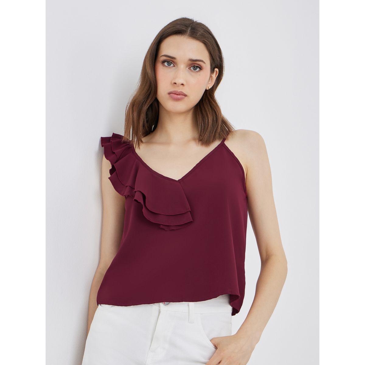 Styli Women Burgundy Ruffled Top-women-clothing-shirtsandblouses-blouses-image-1