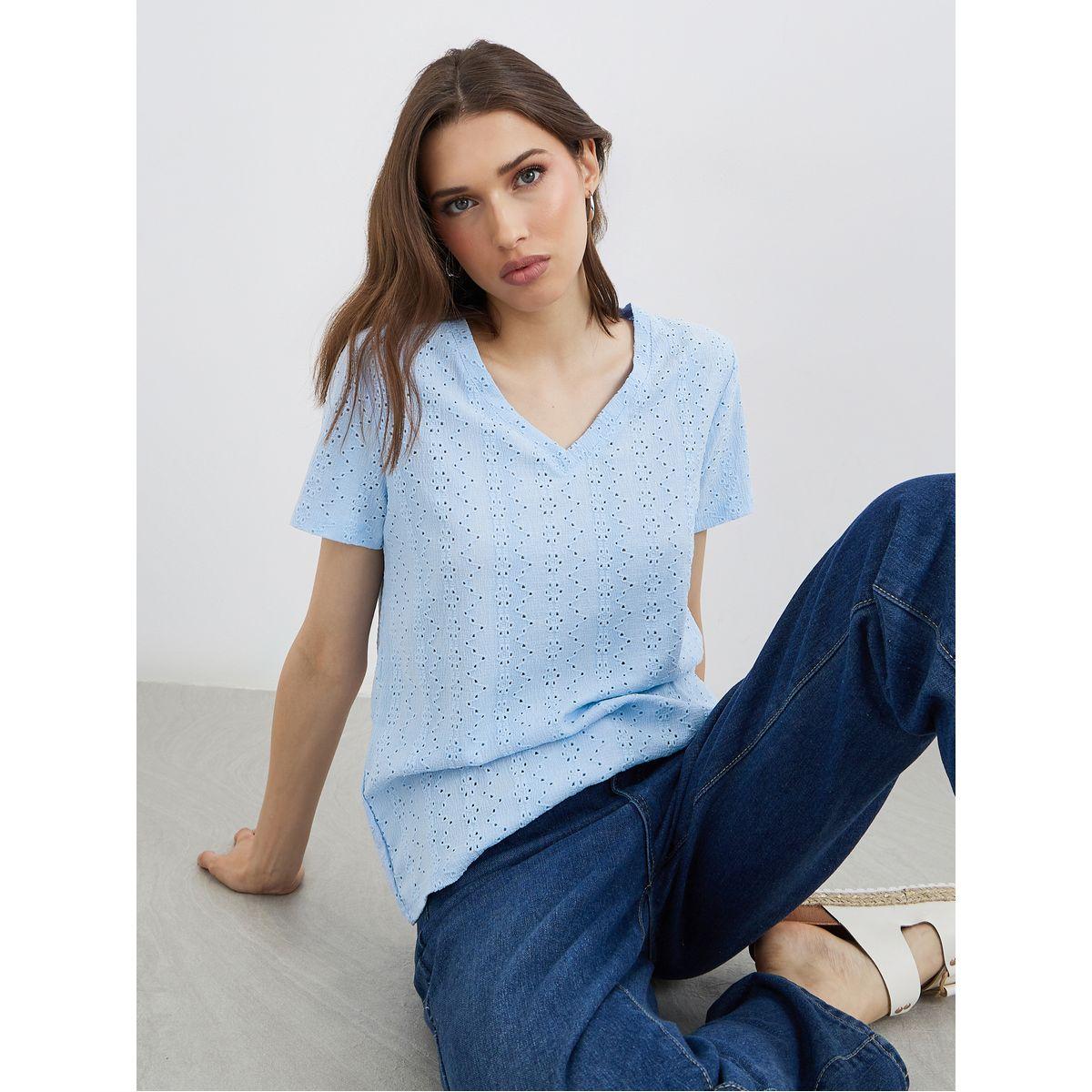 Styli Woman Blue Eyelet V Neck Top-women-clothing-shirtsandblouses-blouses-image-1