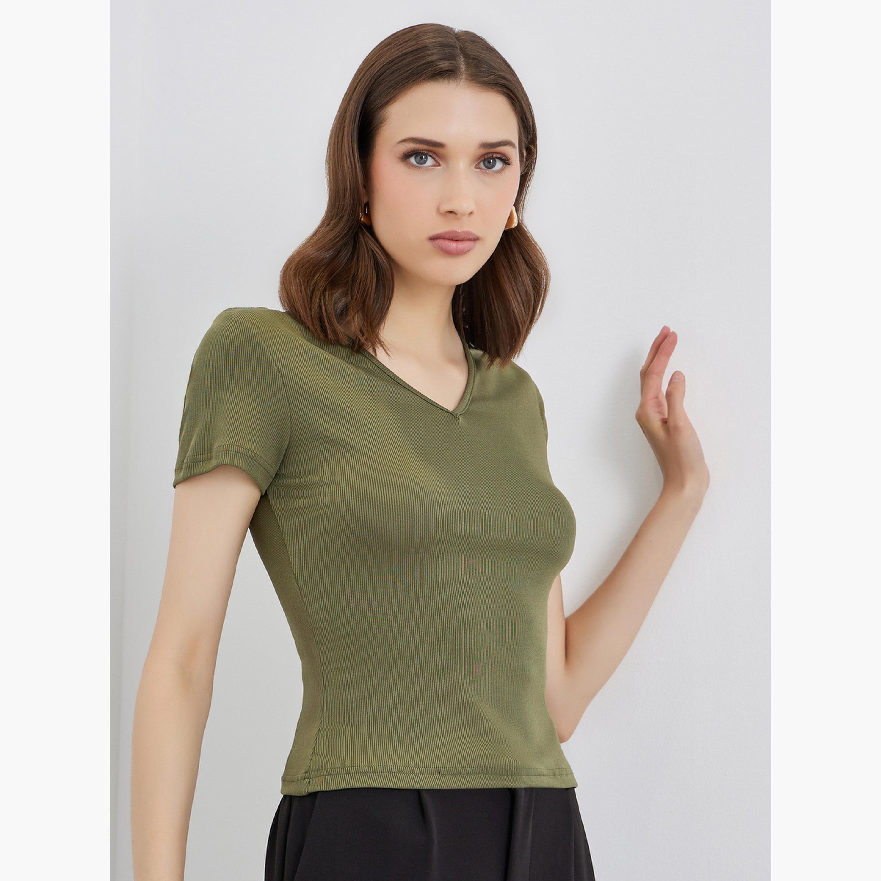 Take Two Women Olive V Neck Fitted T-Shirt-women-clothing-tshirts-image-1