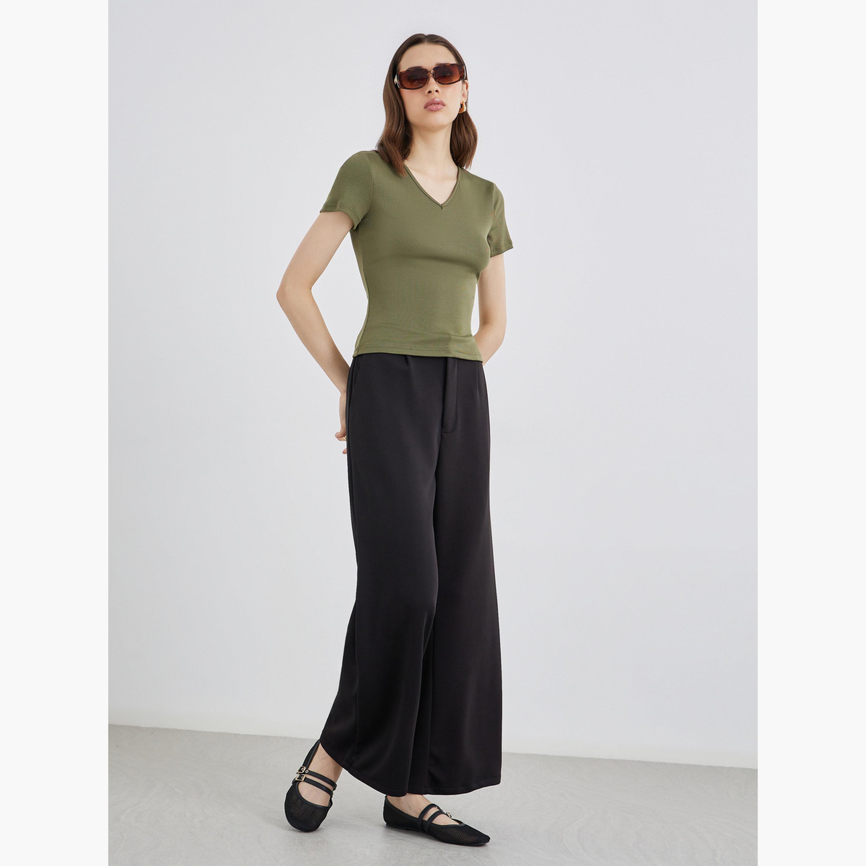 Take Two Women Olive V Neck Fitted T-Shirt-women-clothing-tshirts-image-2