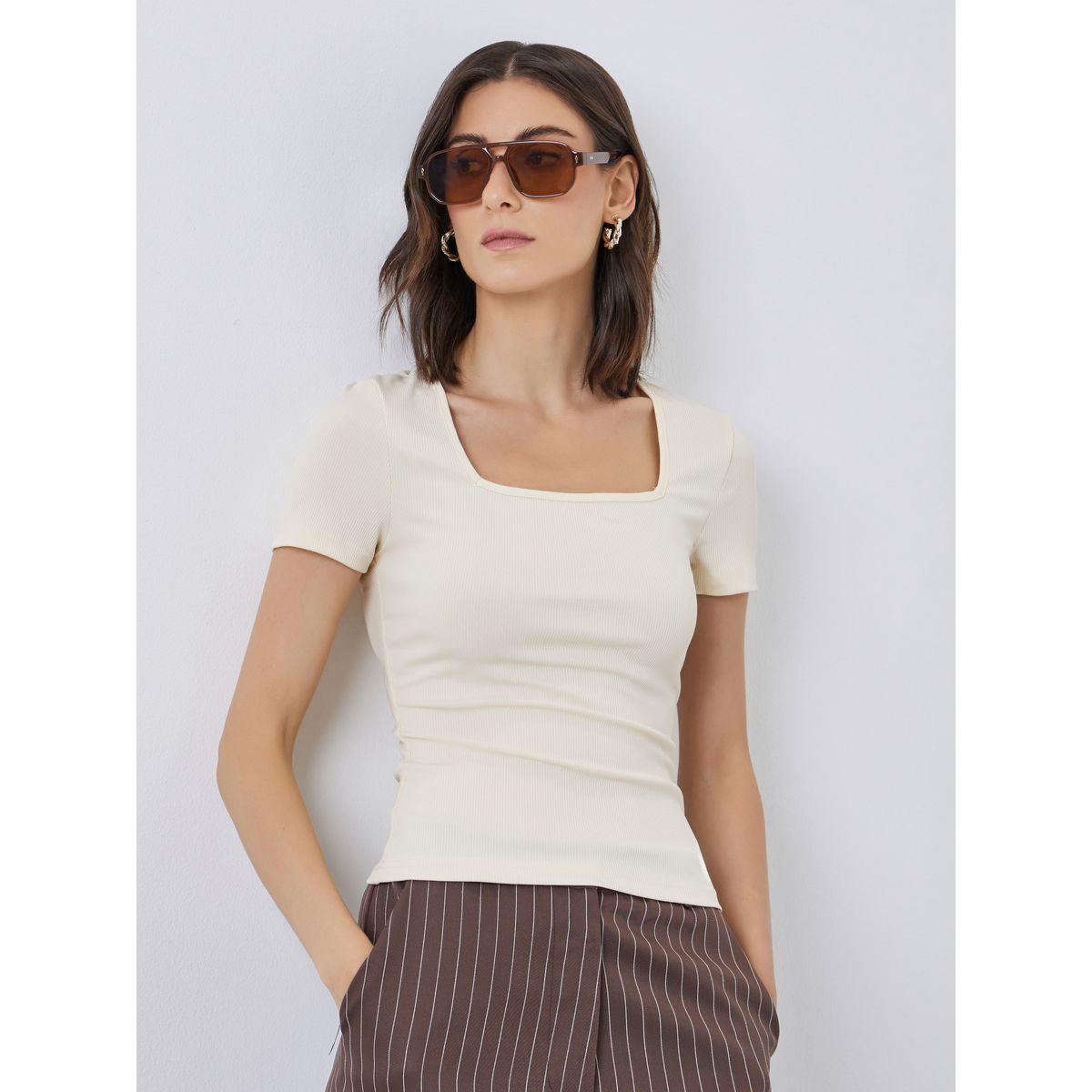 Styli Women Cream Square Neck Fitted T-Shirt-women-clothing-tshirts-image-1