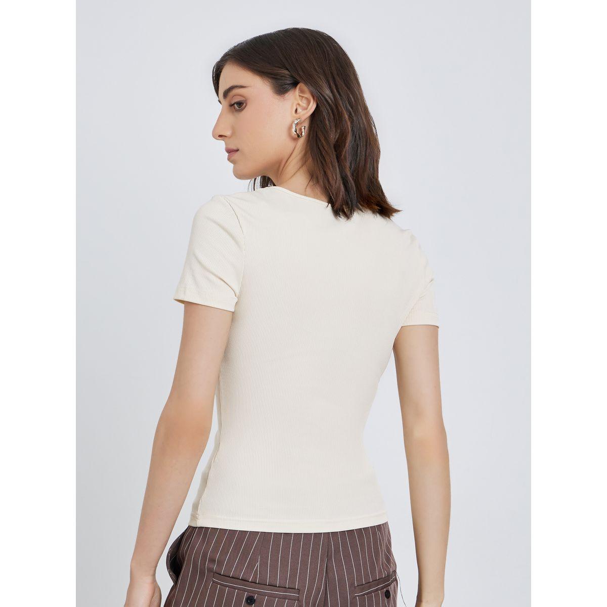 Styli Women Cream Square Neck Fitted T-Shirt-women-clothing-tshirts-image-4