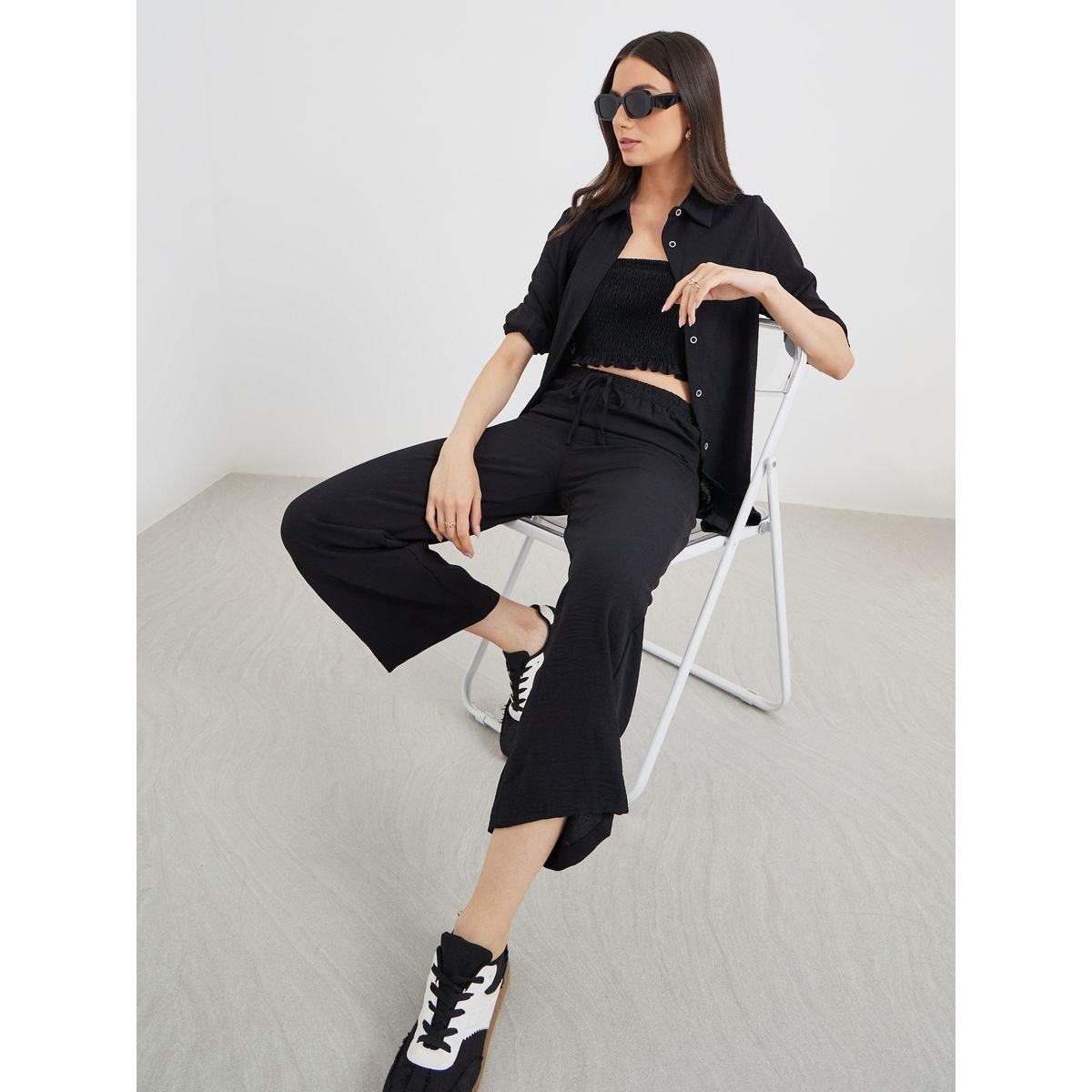 Styli Pack of 3 - Solid Longline Shirt, Bandeau Top and Pants Co-Ords-women-clothing-coordsets-image-1