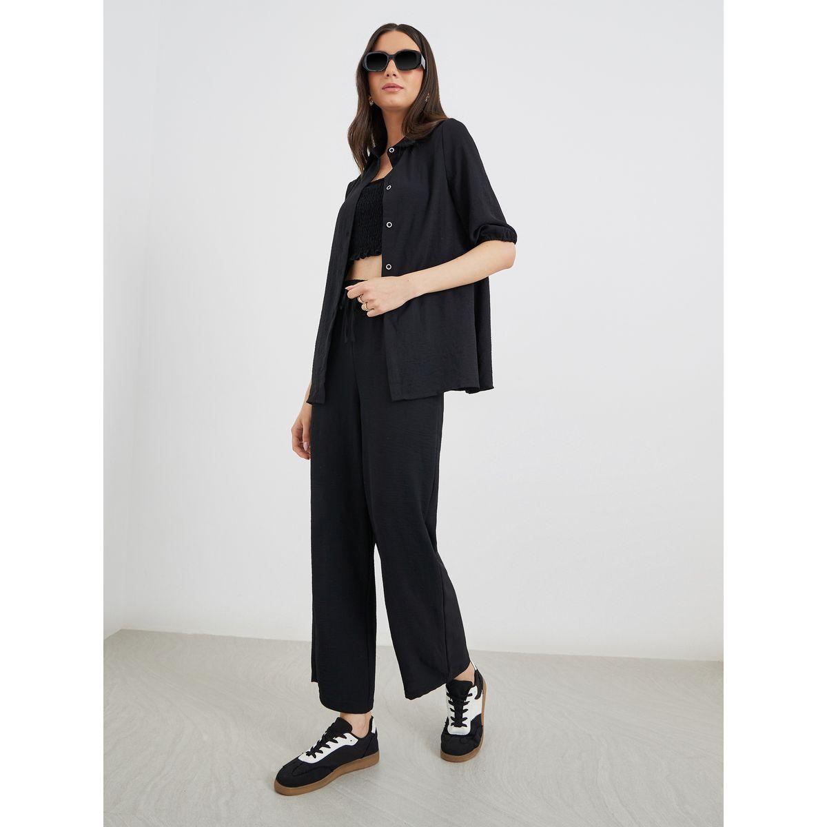 Styli Pack of 3 - Solid Longline Shirt, Bandeau Top and Pants Co-Ords-women-clothing-coordsets-image-2