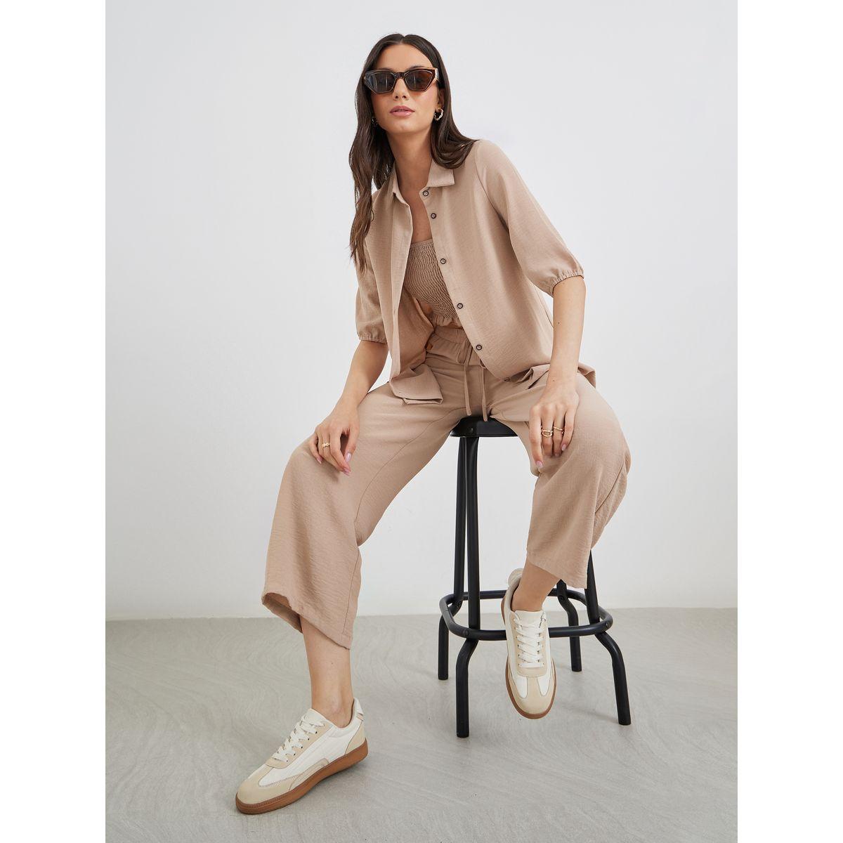 Styli Pack of 3 - Solid Longline Shirt, Bandeau Top and Pants Co-Ords-women-clothing-coordsets-image-1