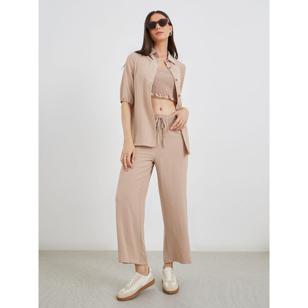 Styli Pack of 3 - Solid Longline Shirt, Bandeau Top and Pants Co-Ords-women-clothing-coordsets-image-2