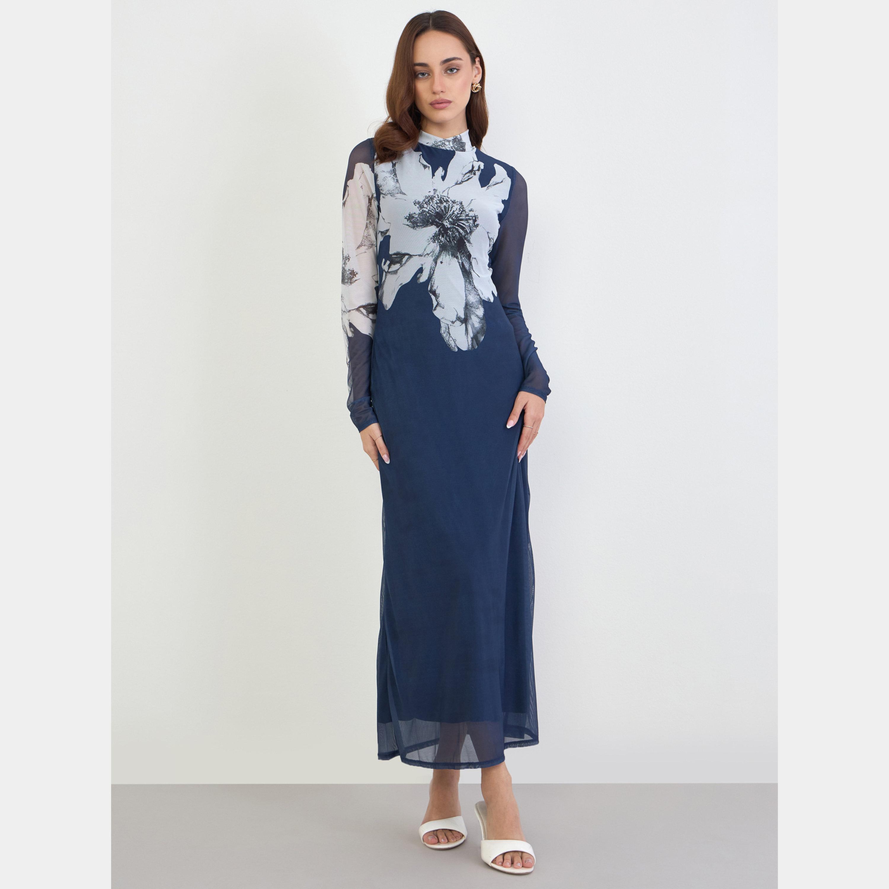 Styli Floral Print High Neck Long Sleeves Women's Bodycon Maxi Dress-women-clothing-dresses-image-1