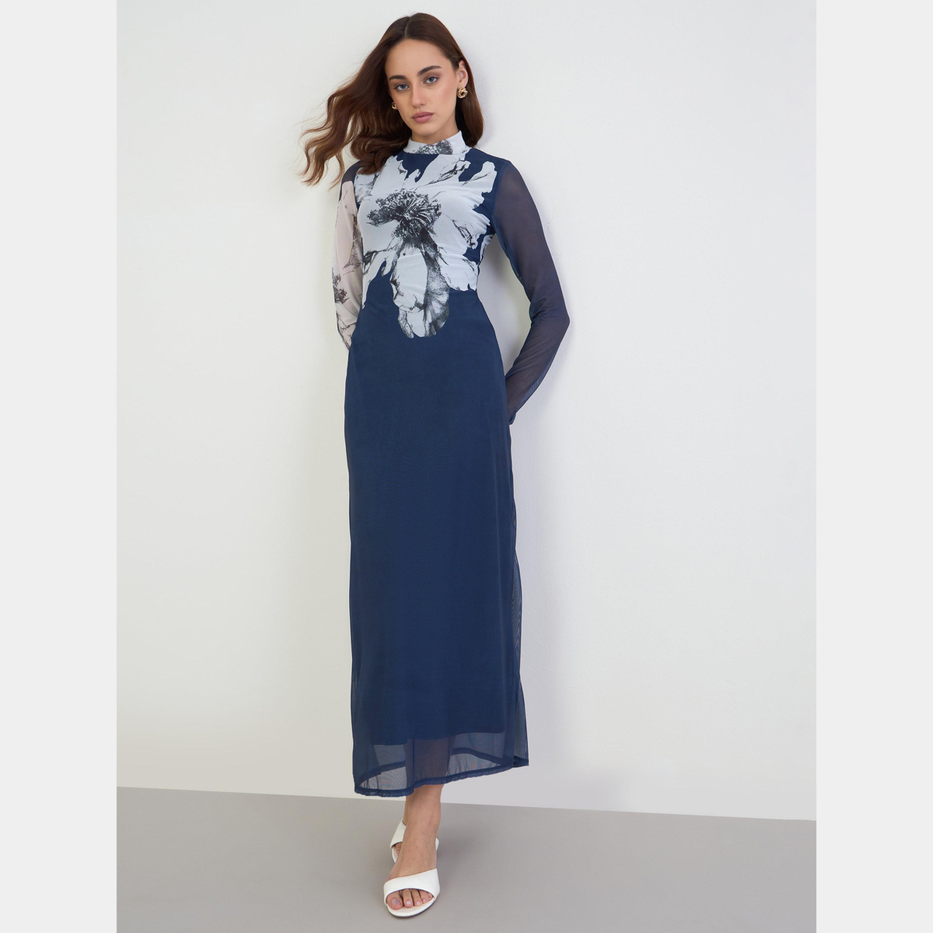 Styli Floral Print High Neck Long Sleeves Women's Bodycon Maxi Dress-women-clothing-dresses-image-2