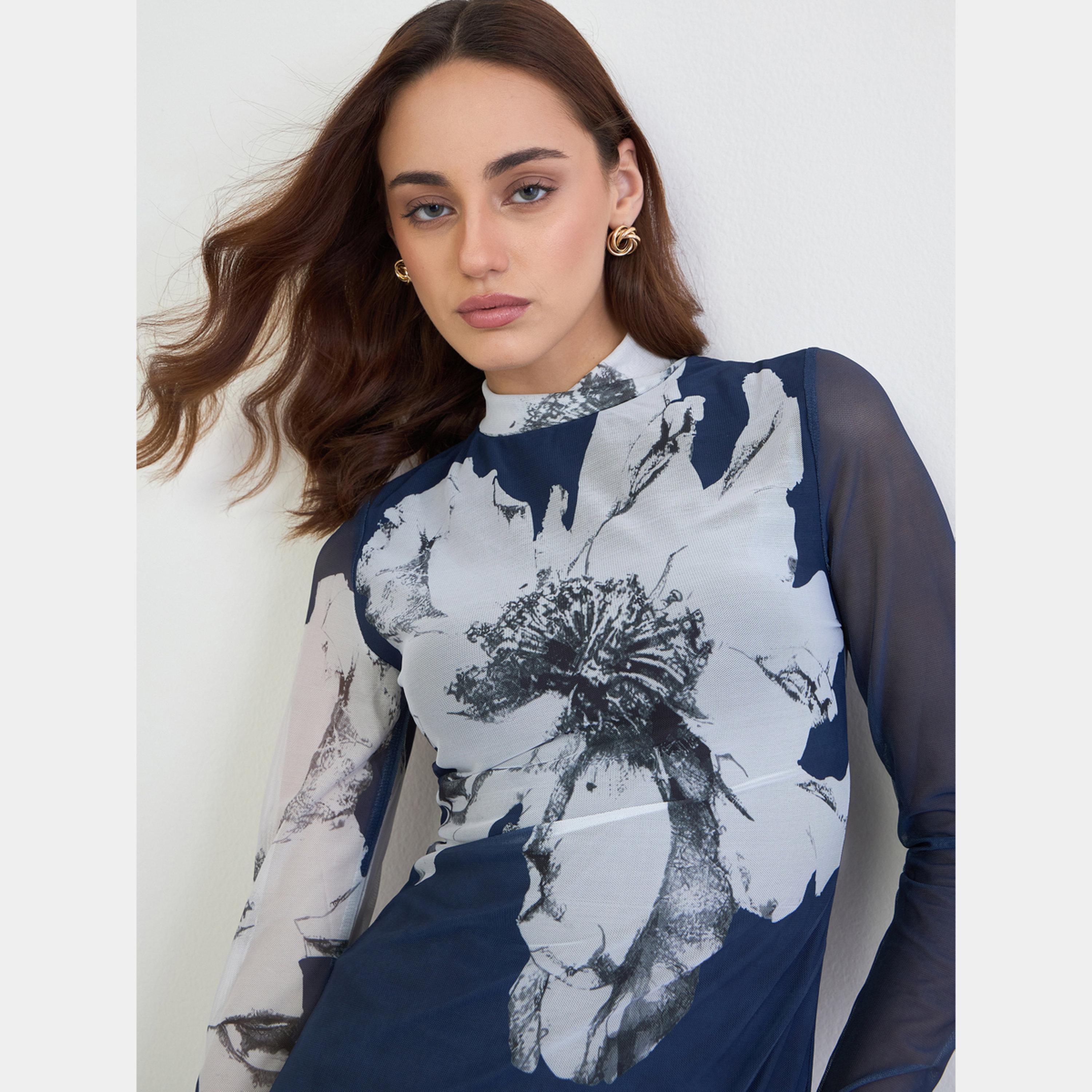 Styli Floral Print High Neck Long Sleeves Women's Bodycon Maxi Dress-women-clothing-dresses-image-3
