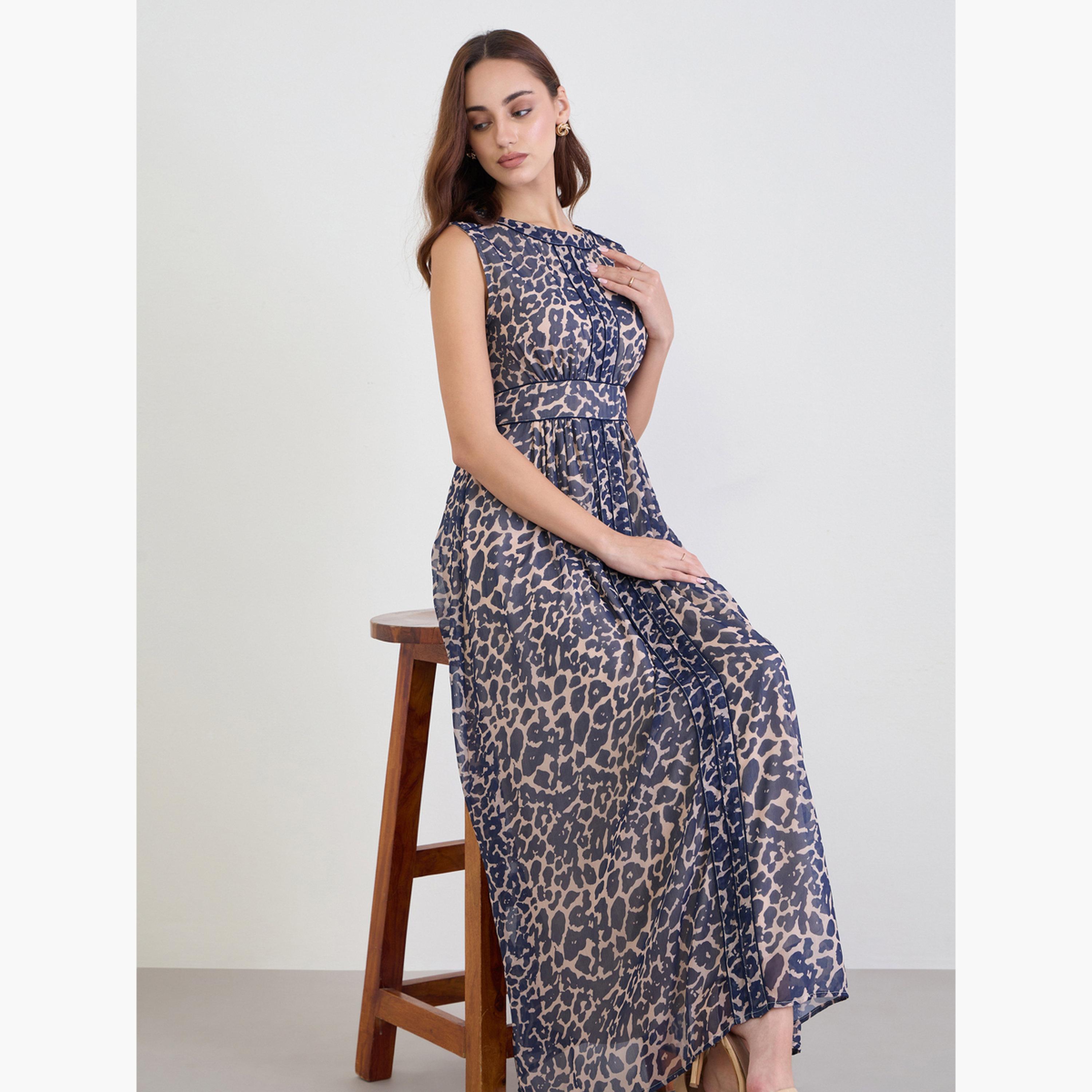 Styli Women Blue All Over Print Sleeveless Maxi Dress-women-clothing-dresses-image-3
