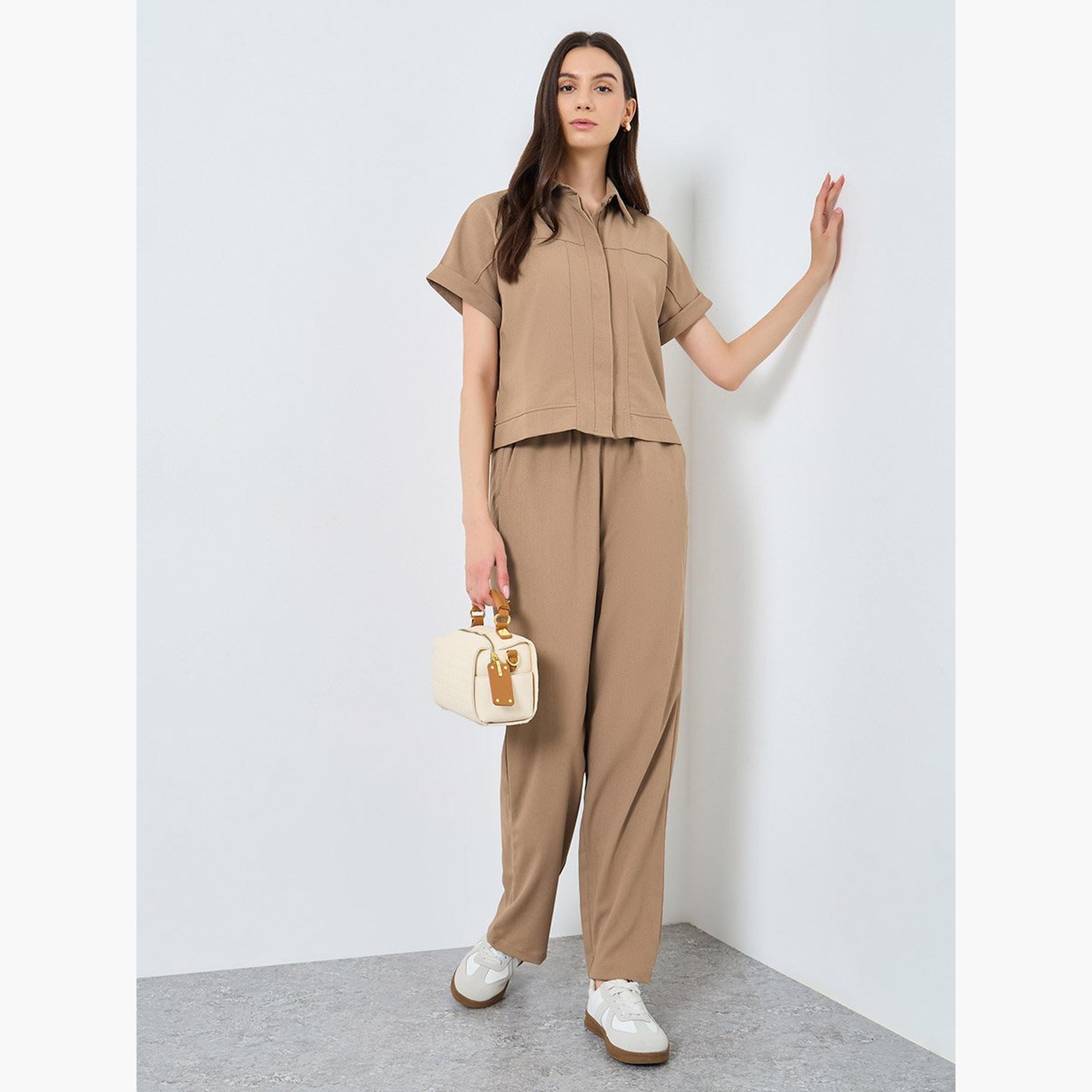 Take Two Solid Buttoned Top and Loose Fit Pants Set-women-clothing-coordsets-image-1