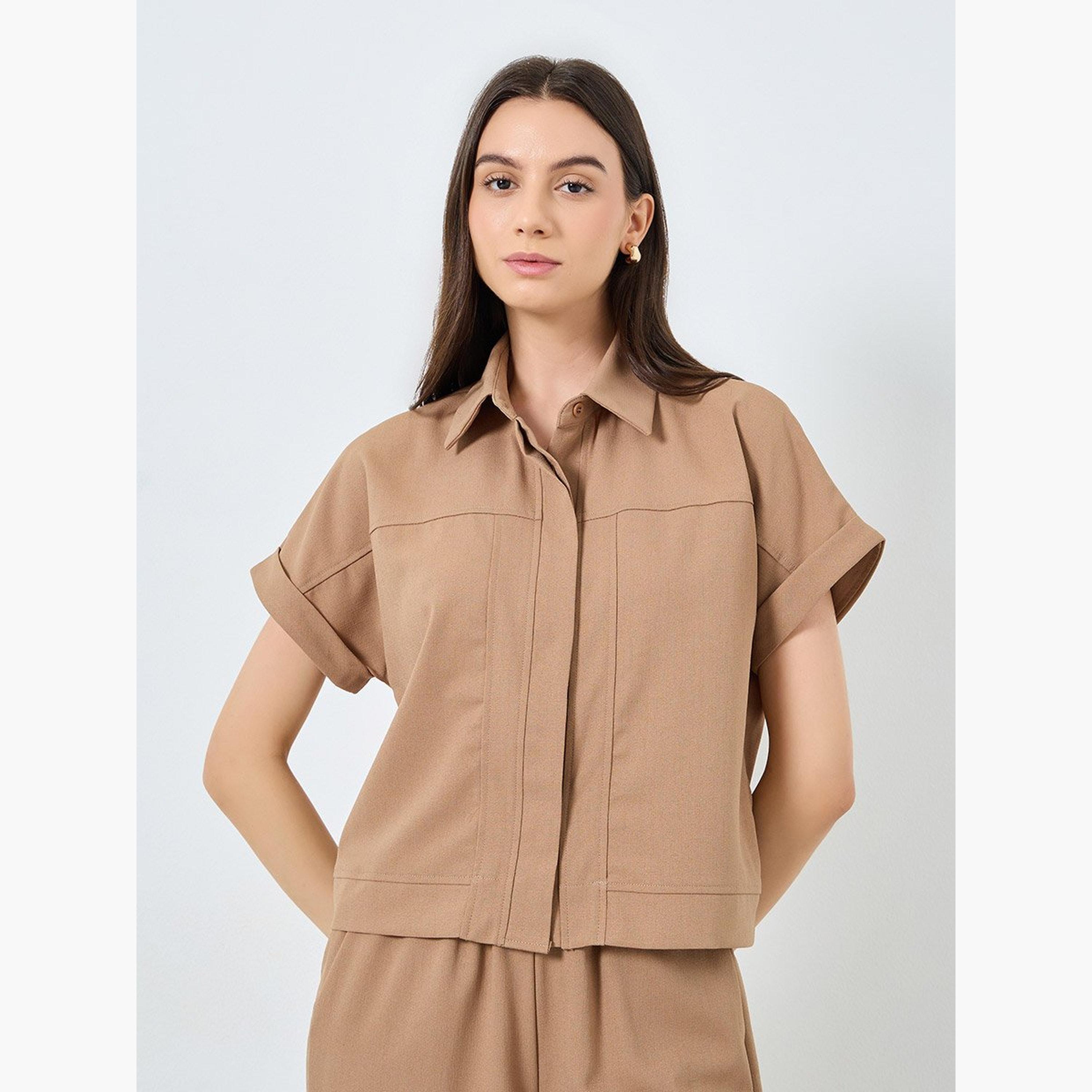 تيك تو - طقم مكون من بلوزة سادة بأزرار وبنطال فضفاض-women-clothing-coordsets-image-4