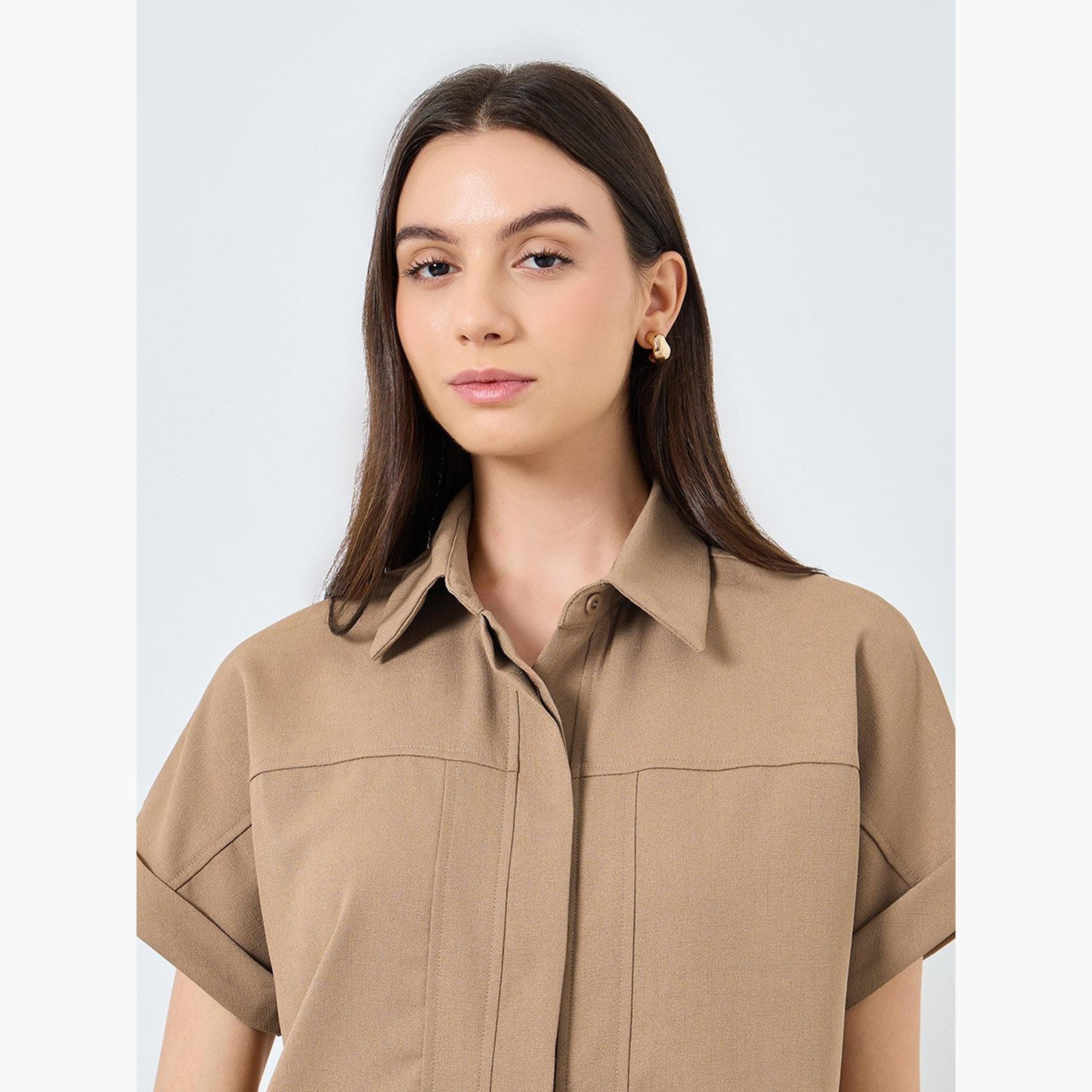 تيك تو - طقم مكون من بلوزة سادة بأزرار وبنطال فضفاض-women-clothing-coordsets-image-3
