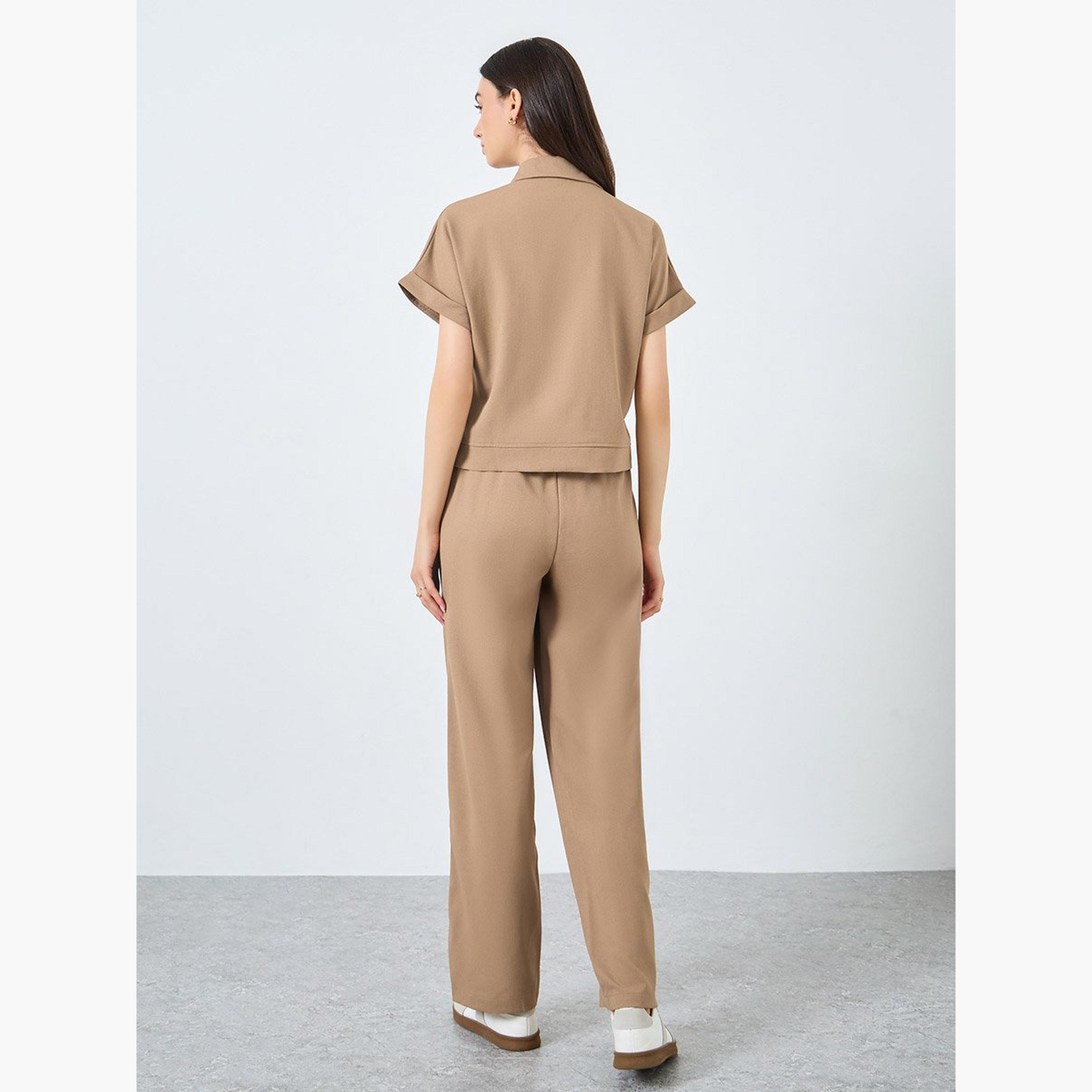 تيك تو - طقم مكون من بلوزة سادة بأزرار وبنطال فضفاض-women-clothing-coordsets-image-2