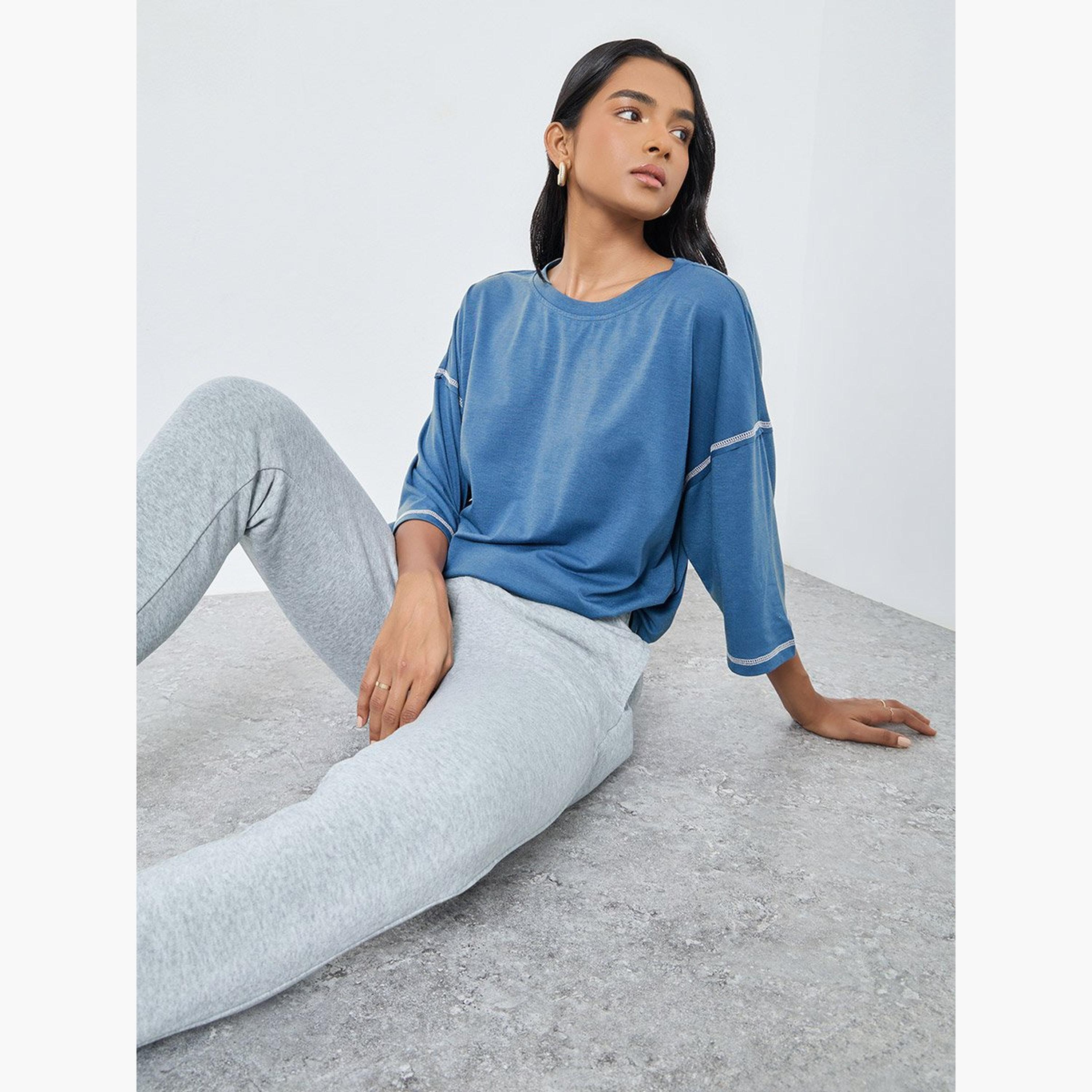 تيك تو - تي شيرت مقاس كبير بتفاصيل حياكة متباينة-women-clothing-tshirts-image-3