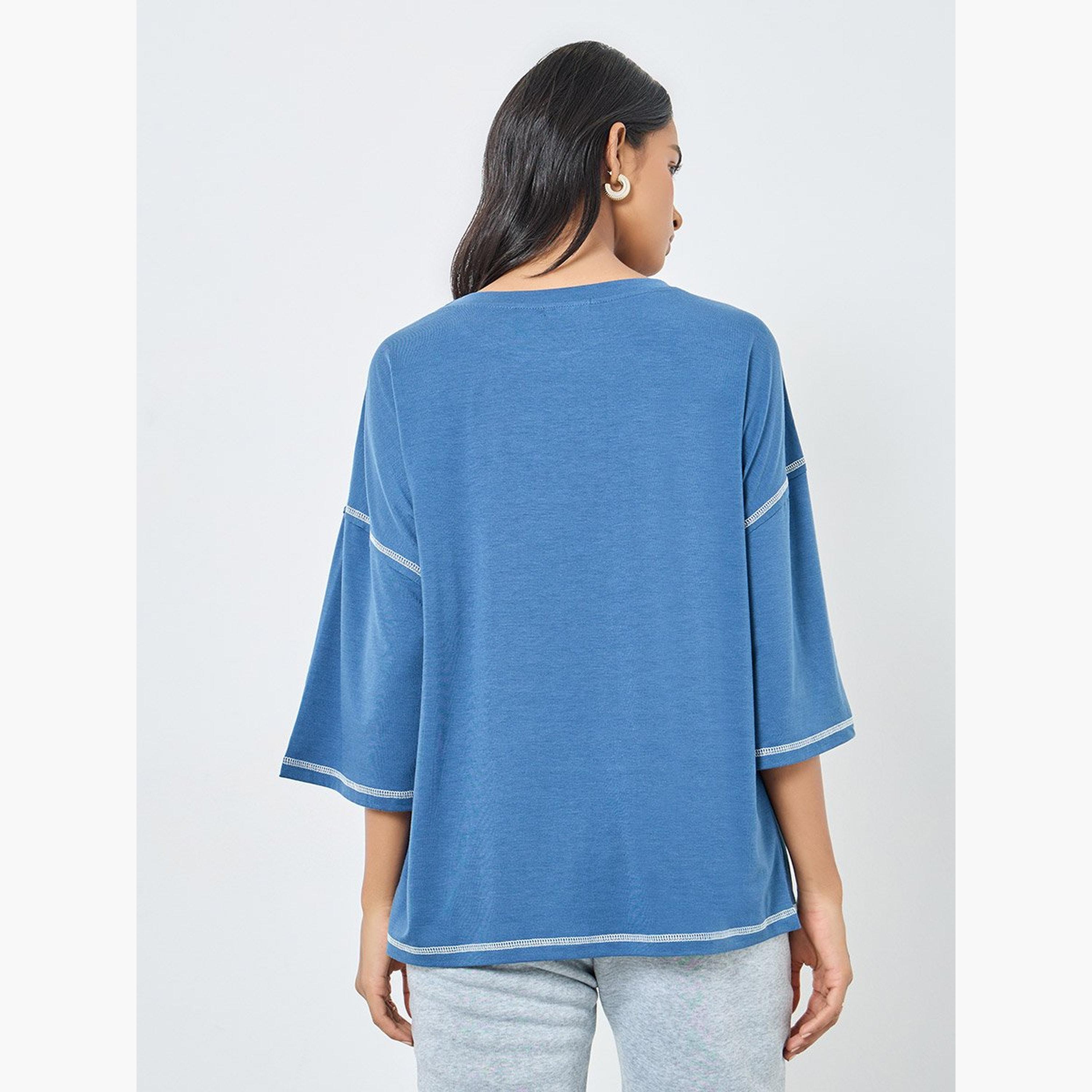 تيك تو - تي شيرت مقاس كبير بتفاصيل حياكة متباينة-women-clothing-tshirts-image-5