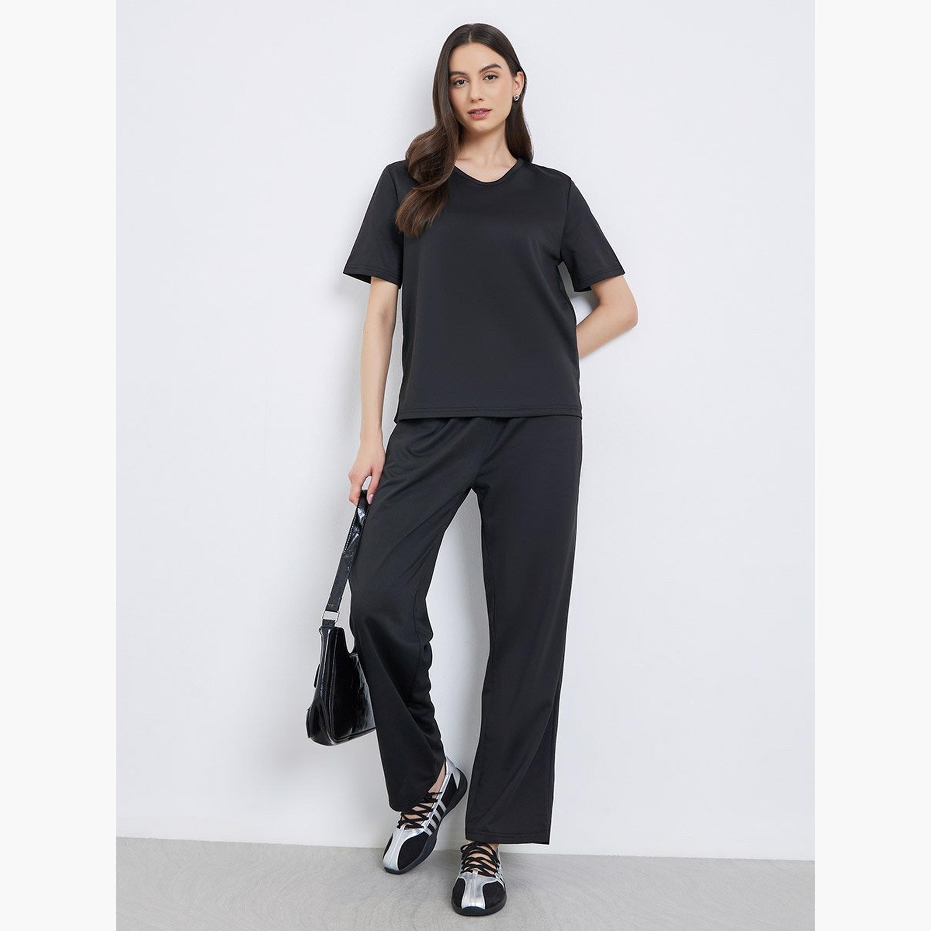 Take Two Black Solid T-Shirt and Joggers Co-Ords-women-clothing-coordsets-image-1