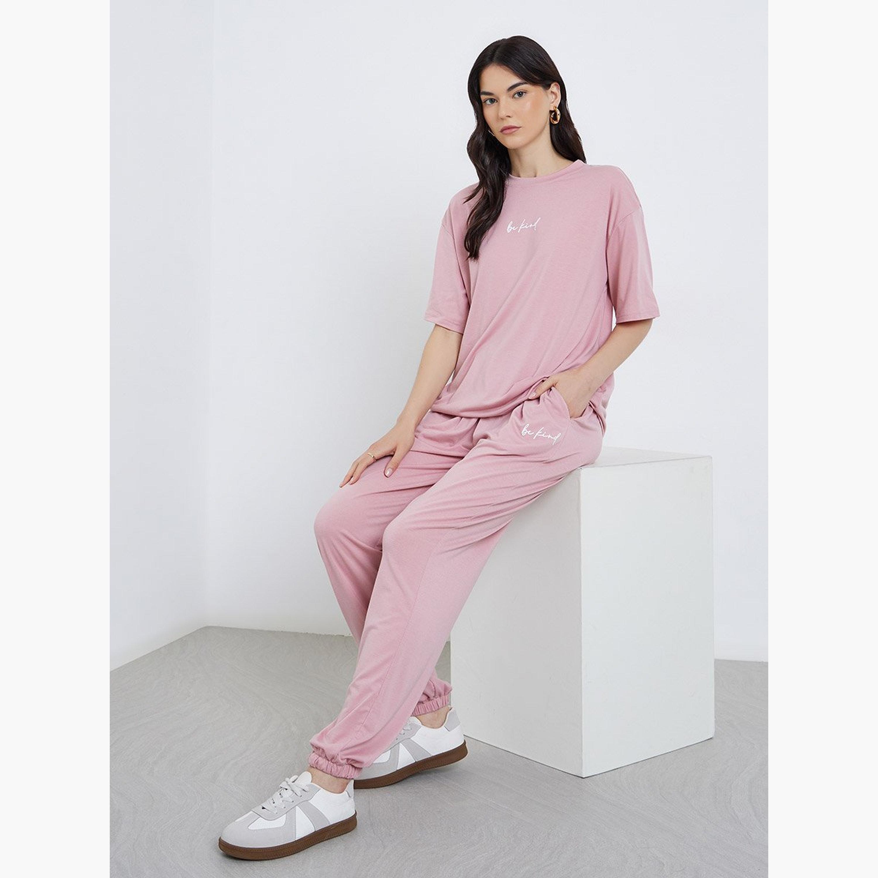 Take Two Pink Slogan T-Shirt and Joggers Co-Ords-women-clothing-coordsets-image-1