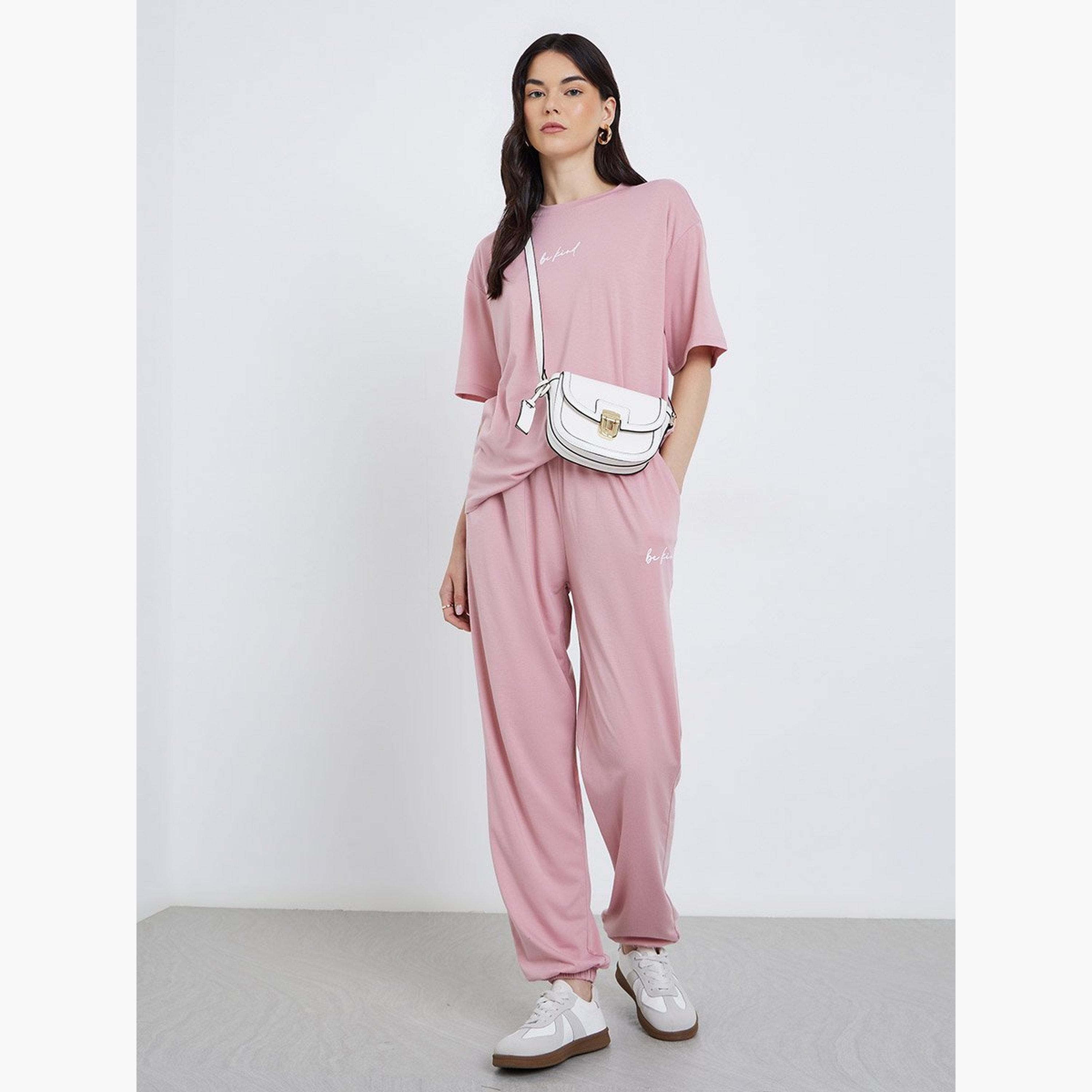 Take Two Pink Slogan T-Shirt and Joggers Co-Ords-women-clothing-coordsets-image-2