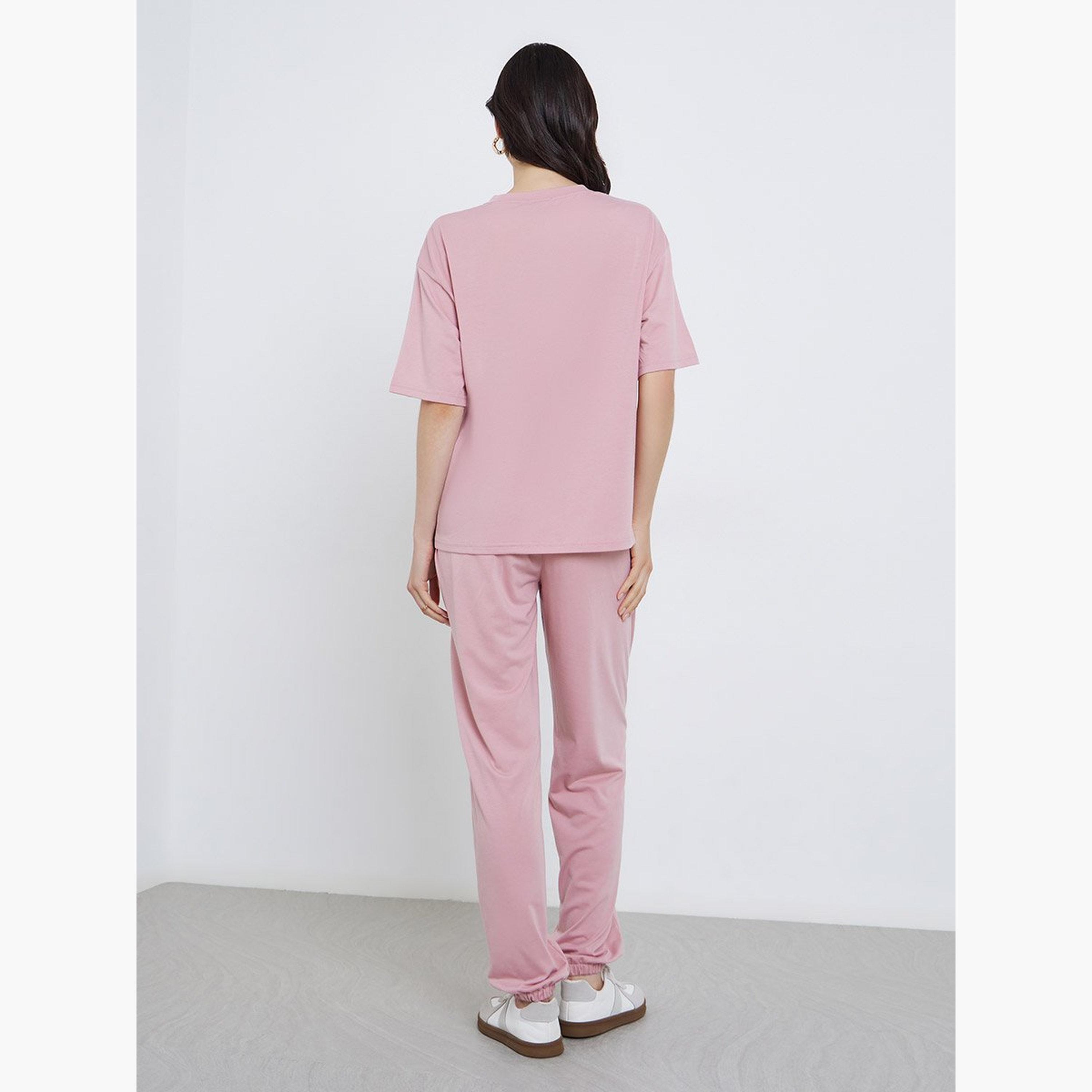 Take Two Pink Slogan T-Shirt and Joggers Co-Ords-women-clothing-coordsets-image-5