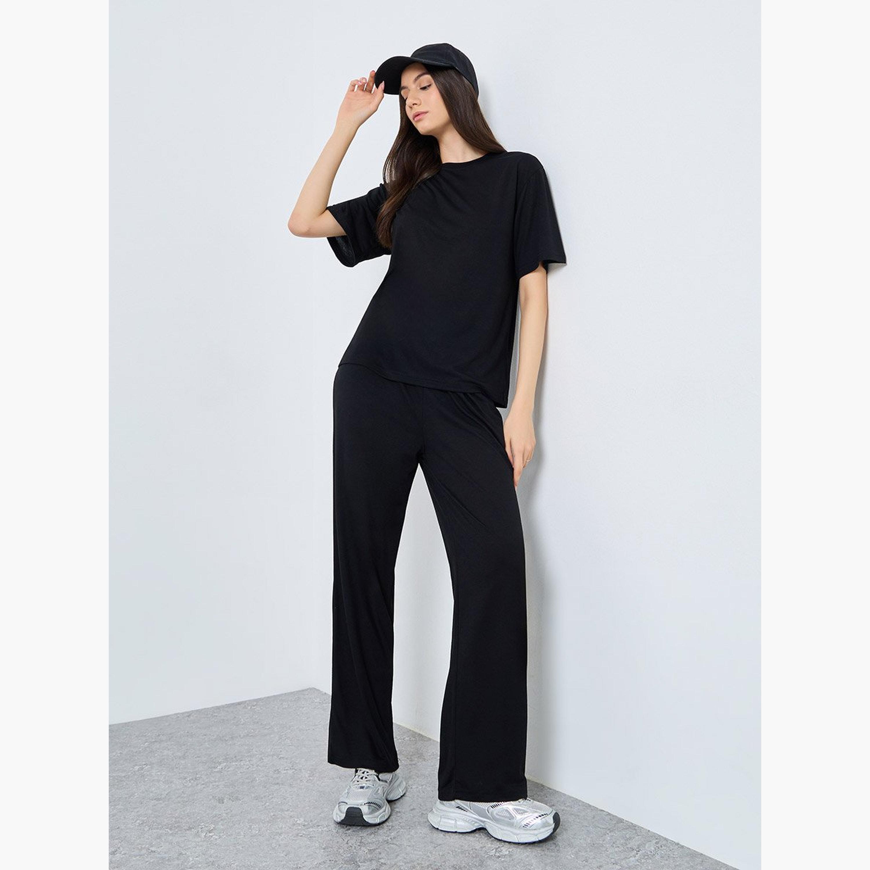 Take Two Black Solid T-Shirt and Loose Fit Joggers Co-Ords-women-clothing-coordsets-image-1
