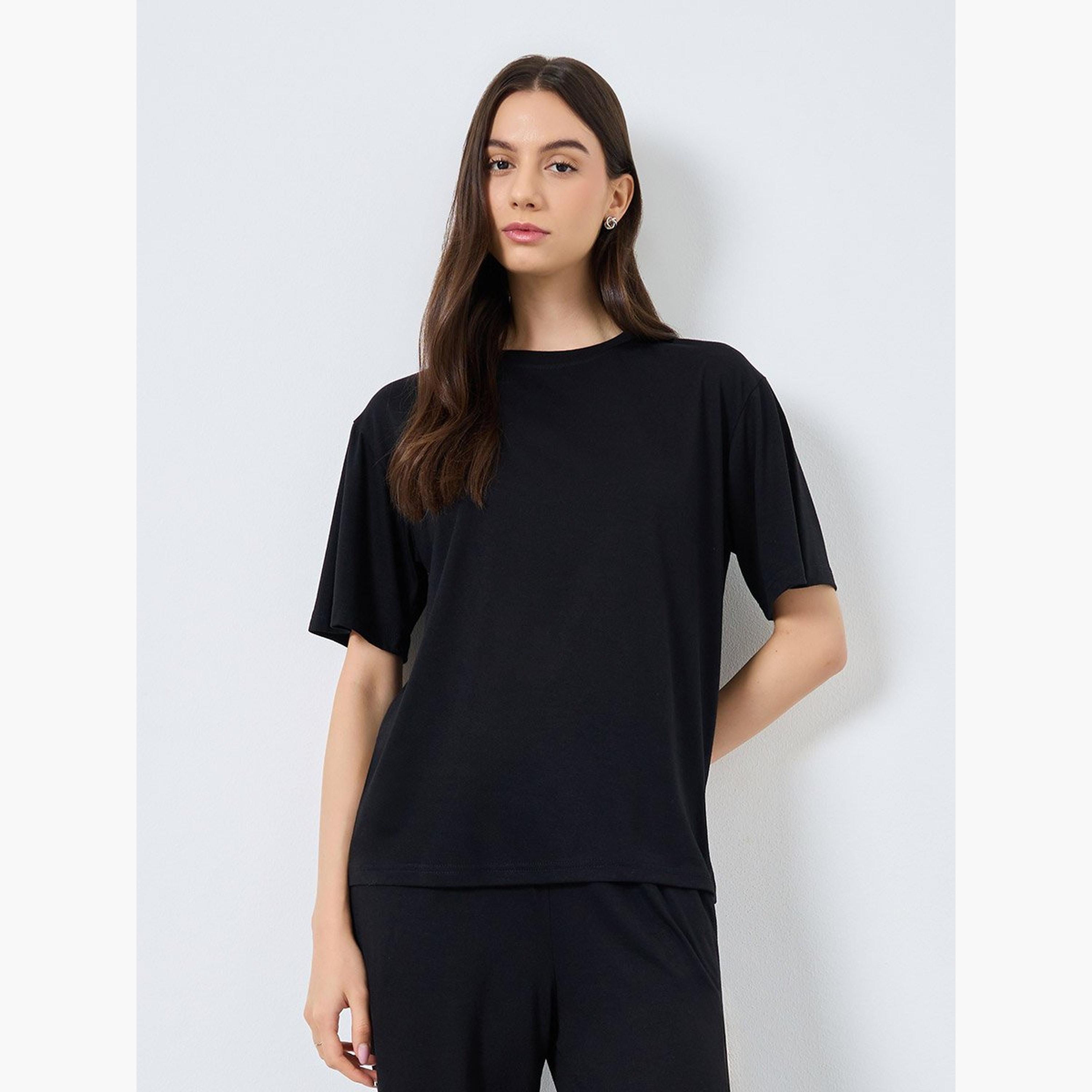 Take Two Black Solid T-Shirt and Loose Fit Joggers Co-Ords-women-clothing-coordsets-image-2