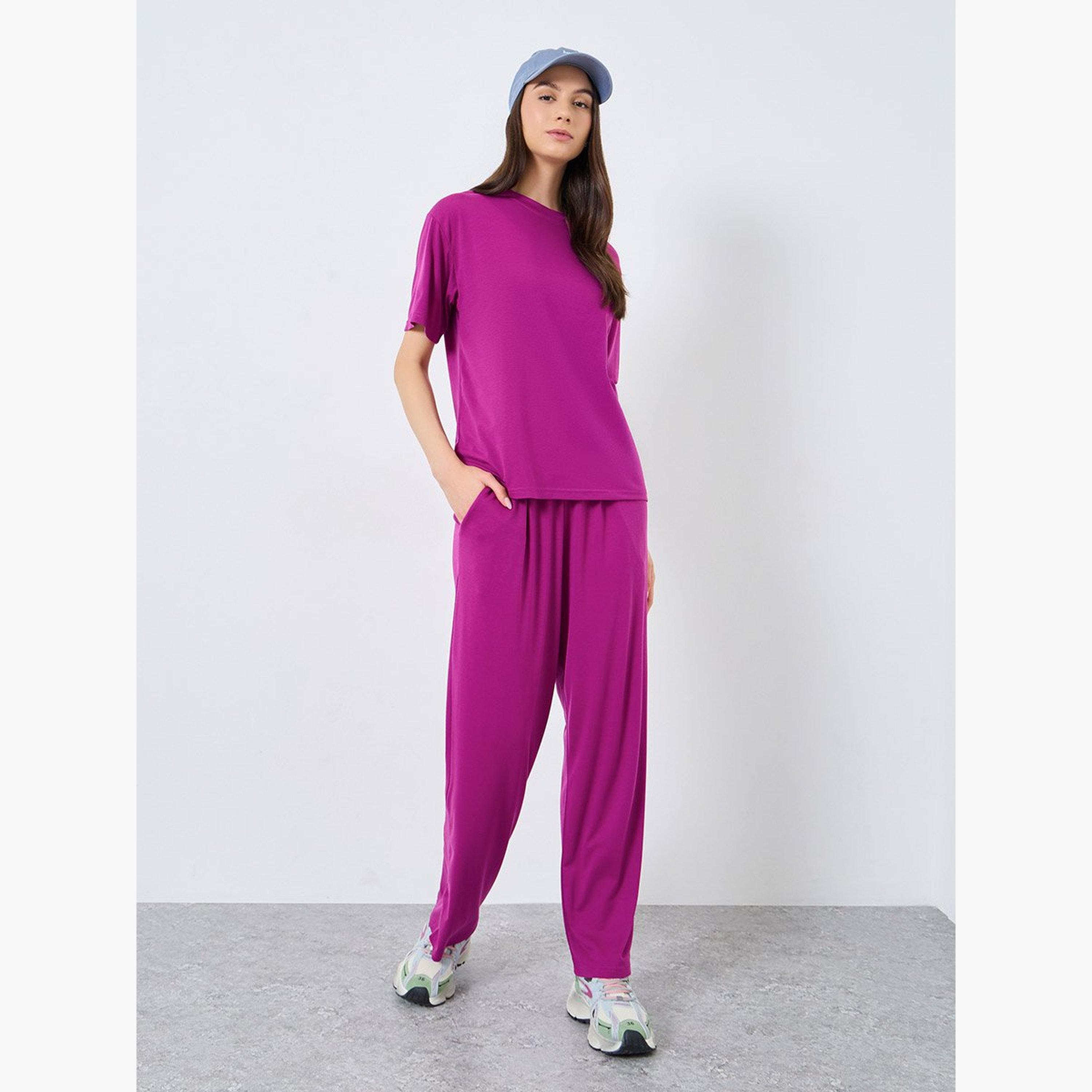 Take Two Solid Short Sleeve Top and Wide Leg Joggers Co-Ords-women-clothing-coordsets-image-1