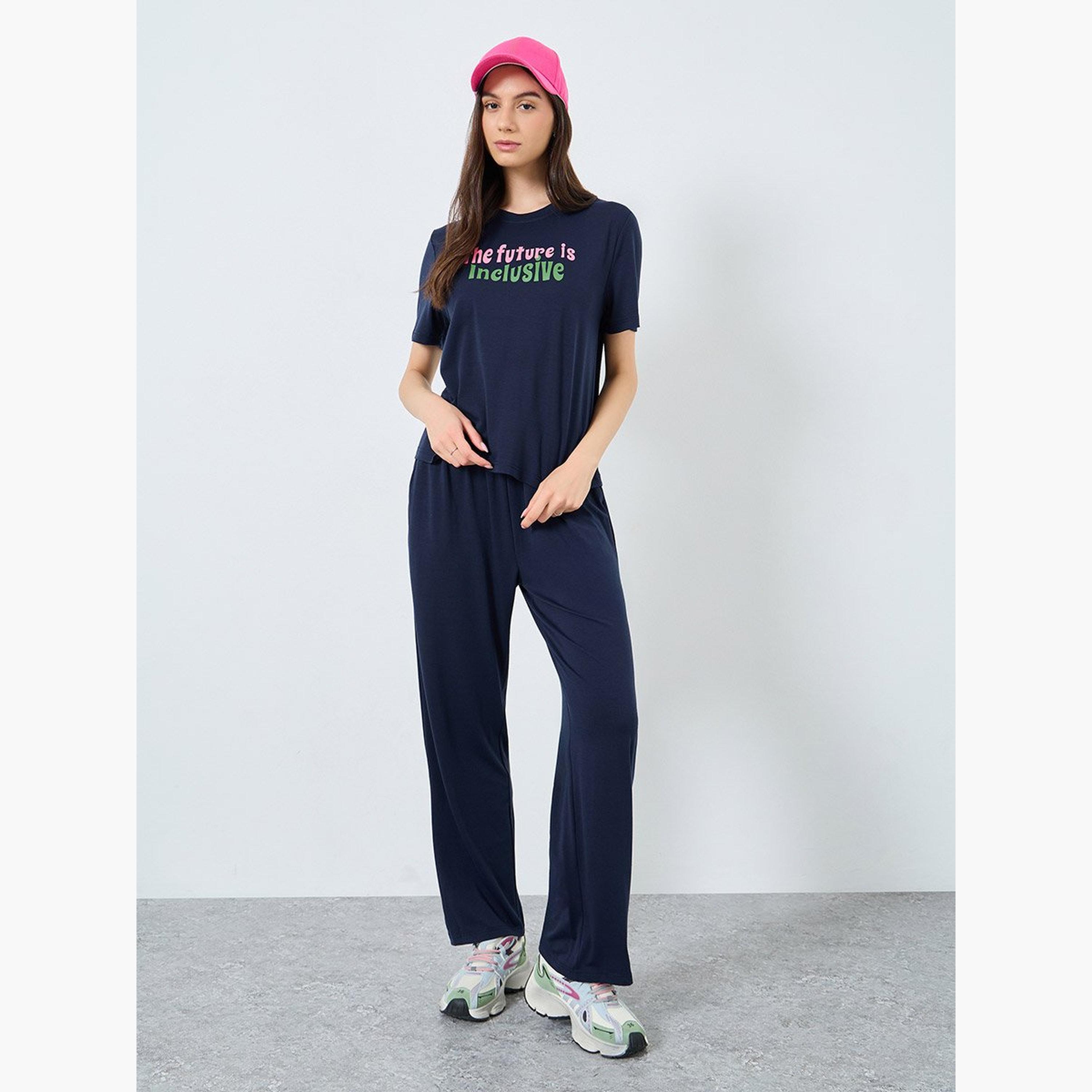 Take Two Slogan Print Short Sleeve Top and Joggers Co-Ords-women-clothing-coordsets-image-1
