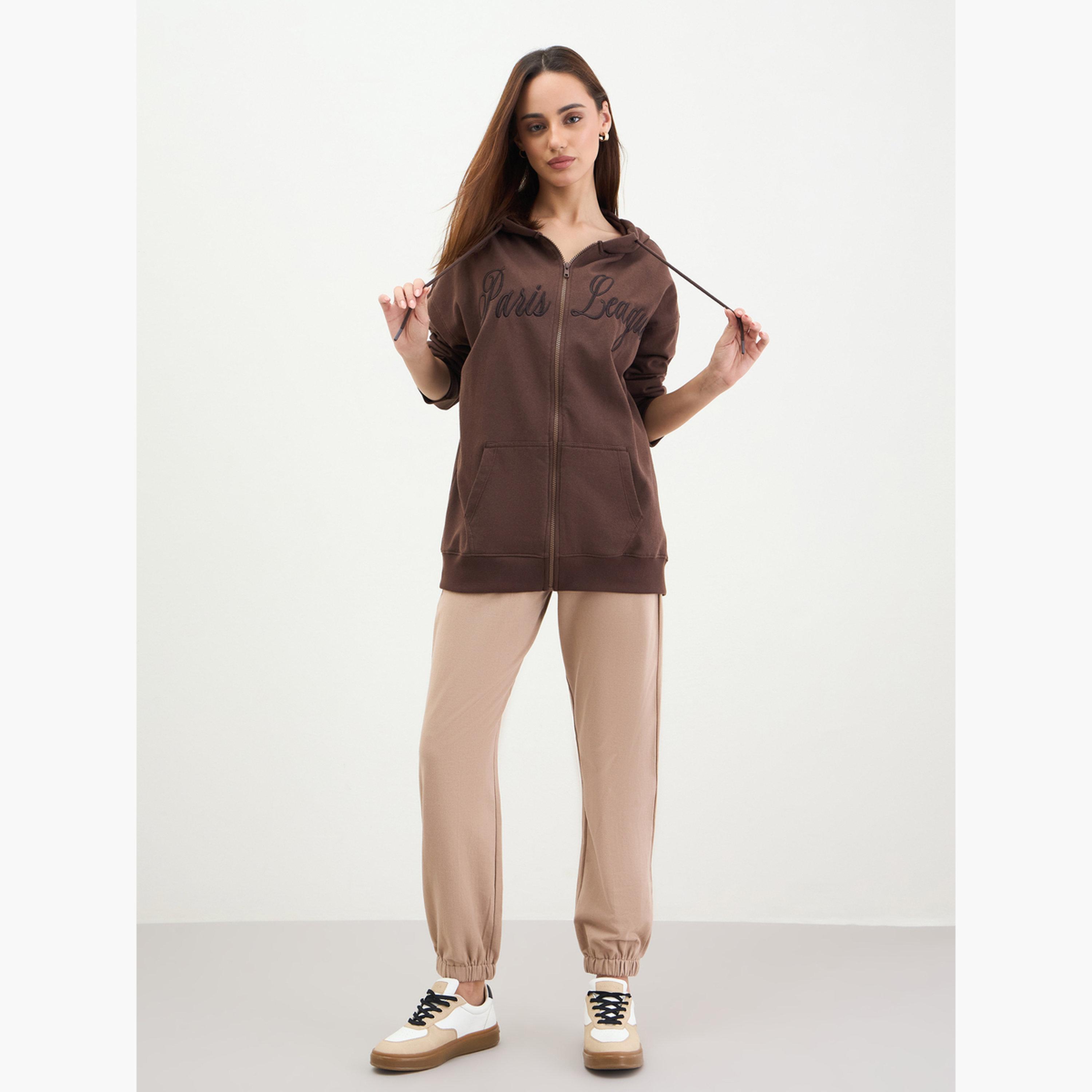 ستايلي - سويتشرت بني طويل مع تطريز أنيق-women-clothing-hoodiesandsweatshirts-sweatshirts-image-2