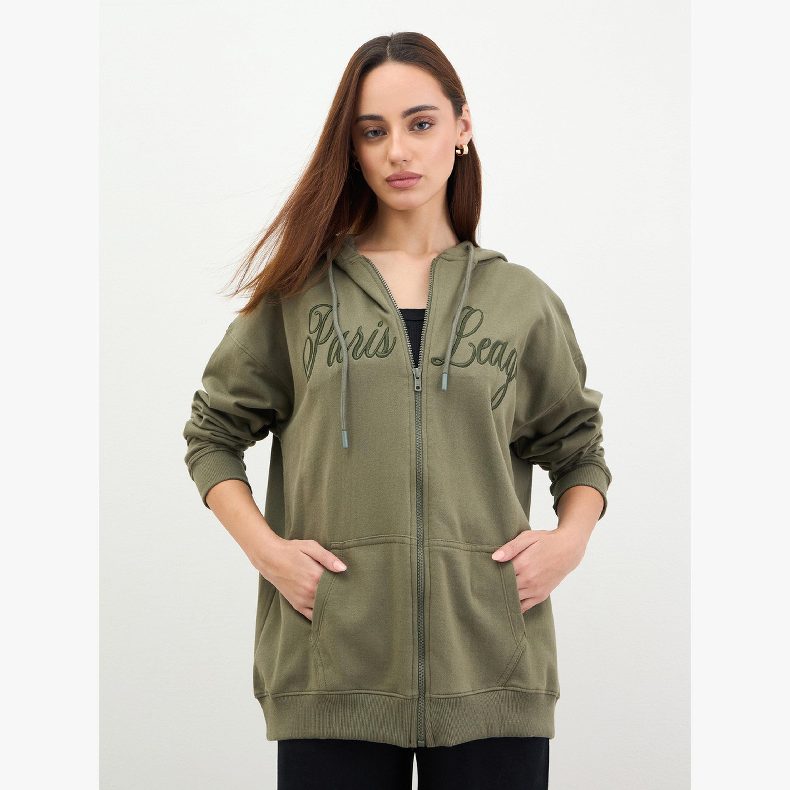 Styli Khaki Longline Sweatshirt with Embroidered Detail-women-clothing-hoodiesandsweatshirts-hoodies-image-1