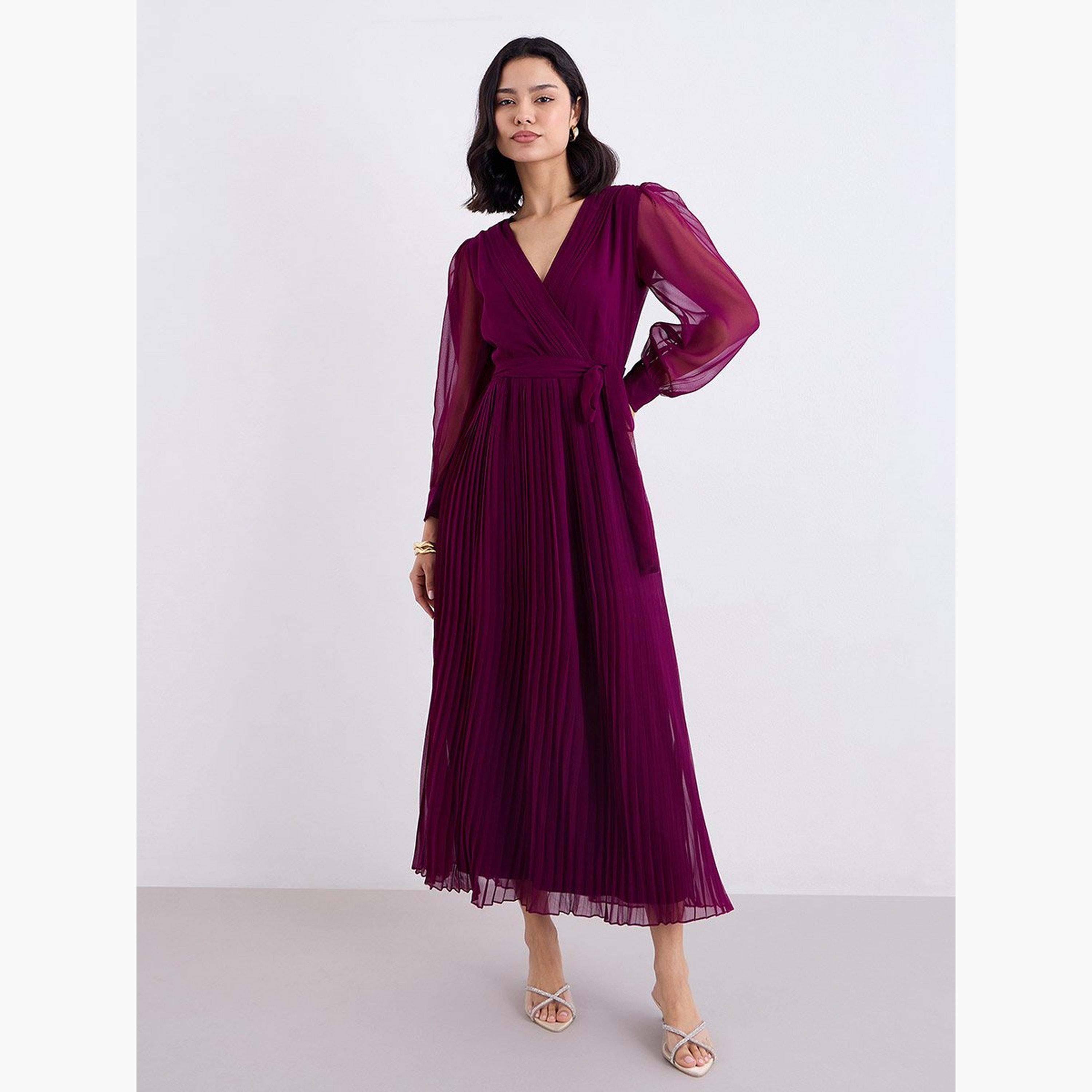 ستايلي - فستان سهرة ماكسي مطوي لون عنابي-women-clothing-dresses-image-1