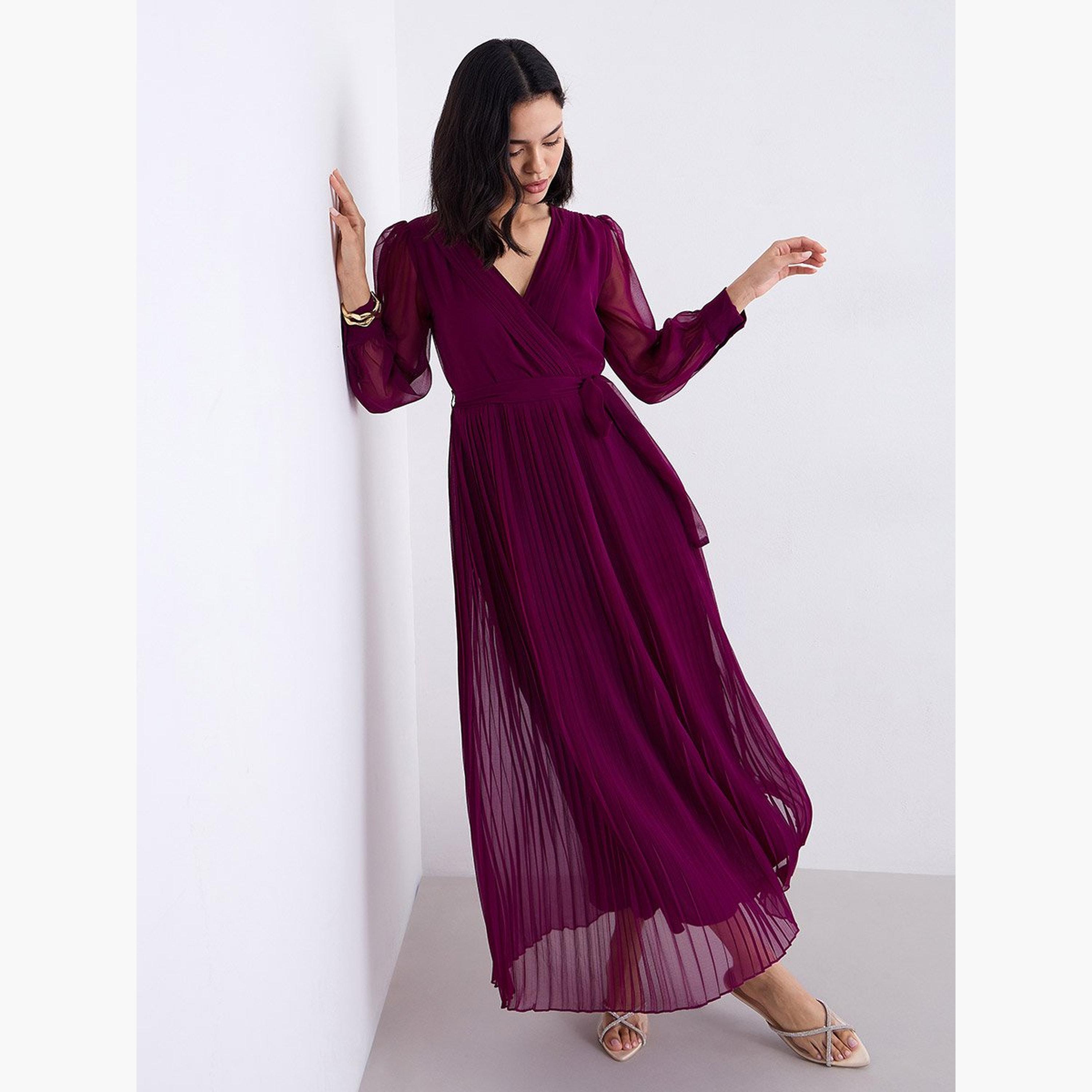 ستايلي - فستان سهرة ماكسي مطوي لون عنابي-women-clothing-dresses-image-2