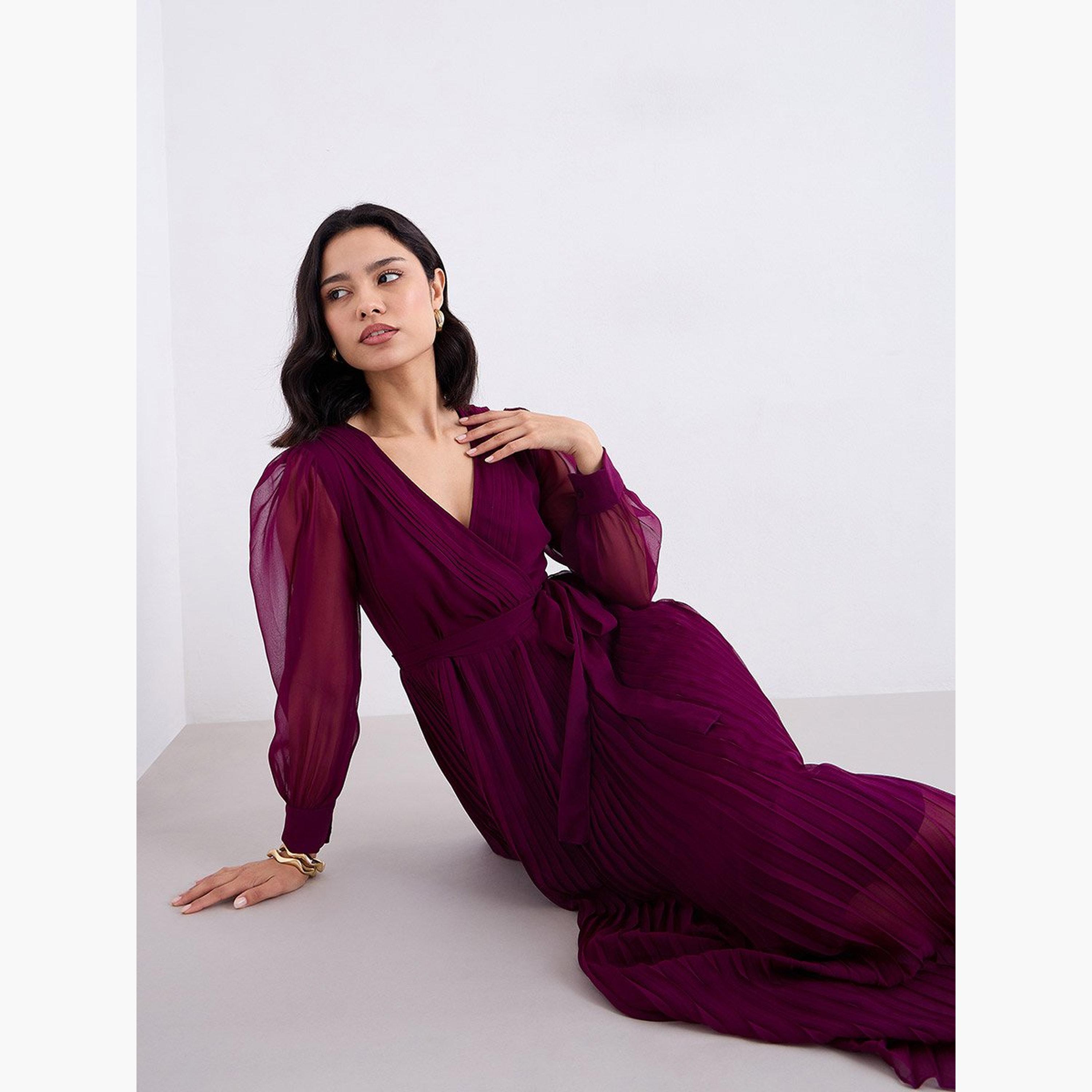 ستايلي - فستان سهرة ماكسي مطوي لون عنابي-women-clothing-dresses-image-3