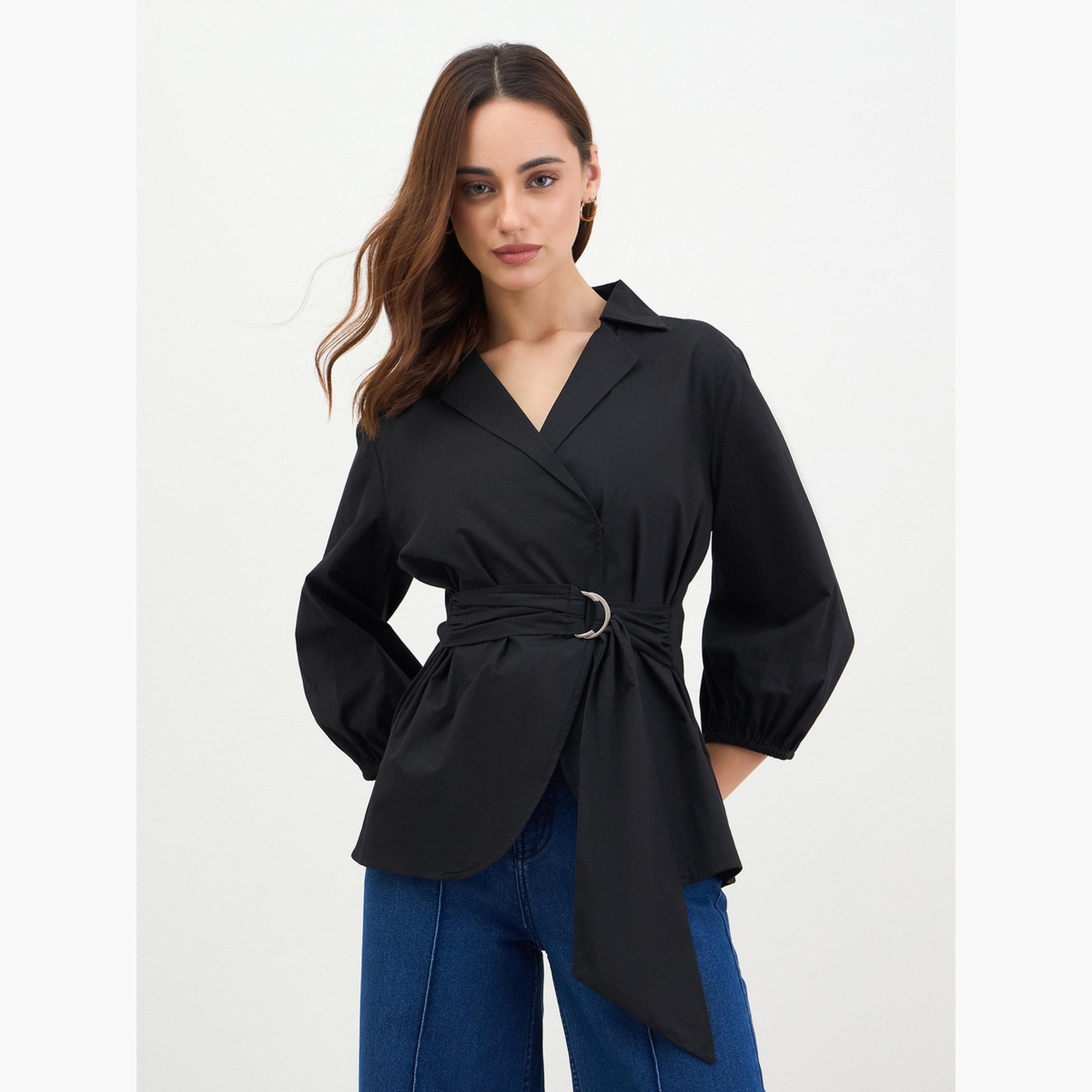 ستايلي - قميص ملفوف من قماش البوبلين القطني الأسود مع حزام للنساء-women-clothing-shirtsandblouses-shirts-image-1