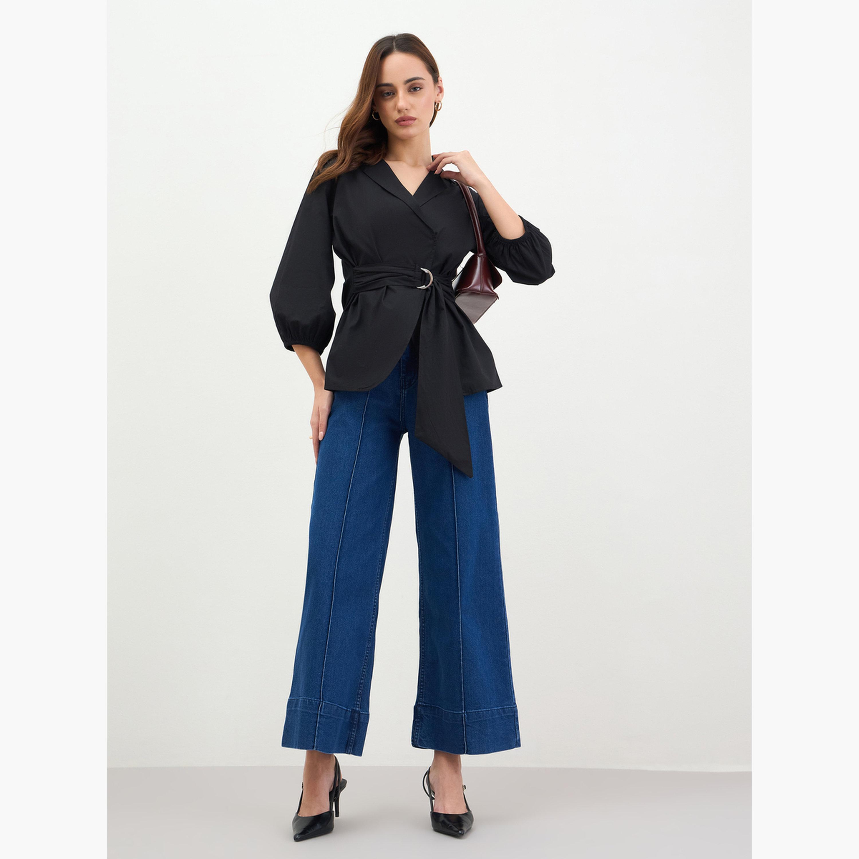 Styli Women Black Cotton Poplin Wrap Shirt with Belt-women-clothing-shirtsandblouses-shirts-image-2